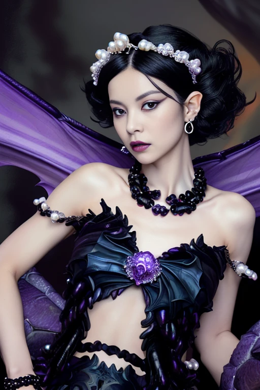 oil painting, beautiful sexy Queen, slender female, standing by the throne (((wearing black and purple dragon scale dress, pearl necklace, black onyx tiara, large dragon wings))), (((messy hair, small bust, narrow waist, thin abs))), against fire flame in dark cave,  (((gothic art style, art by Peter Paul Rubens)))