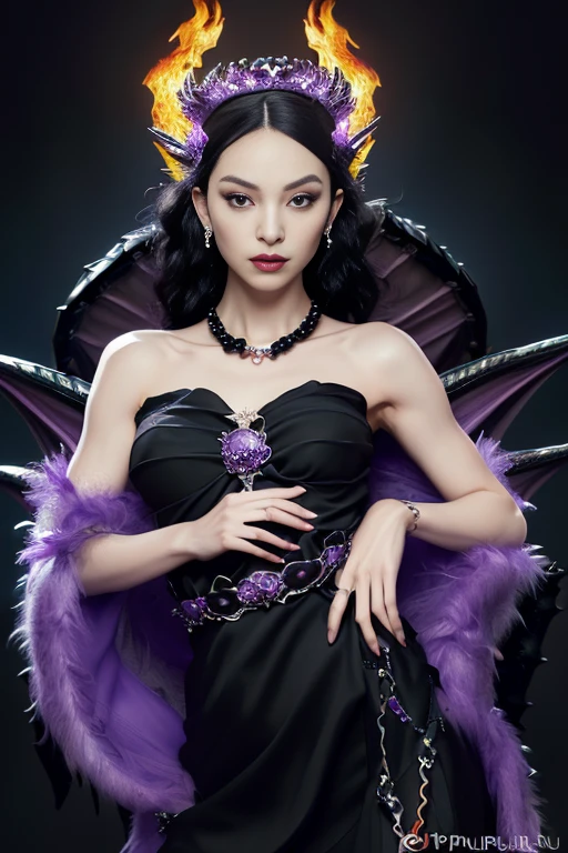 oil painting, beautiful sexy Queen, slender female, standing by the throne (((wearing black and purple dragon scale dress, pearl necklace, black onyx tiara, large dragon wings))), (((messy hair, small bust, narrow waist, thin abs))), against fire flame in dark cave, (((gothic art style, art by Peter Paul Rubens)))