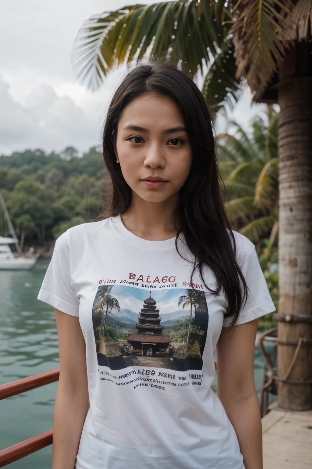 Indonesian woman, age 28 years, wearing a T-shirt bearing the name "licha" very detailed and real she was on a boat on the island of "BALI" very detailed and very real Ultra HD quality
