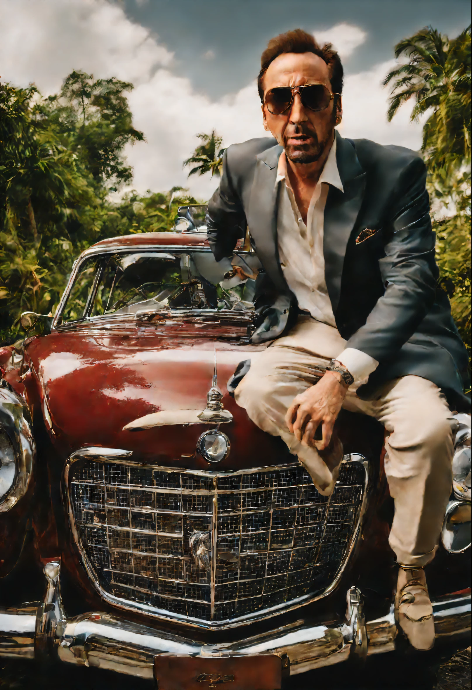 ((best quality)), ((masterpiece)), (detailed),Nicolas Cage, Benz W120 , fish eye pov, jungle,