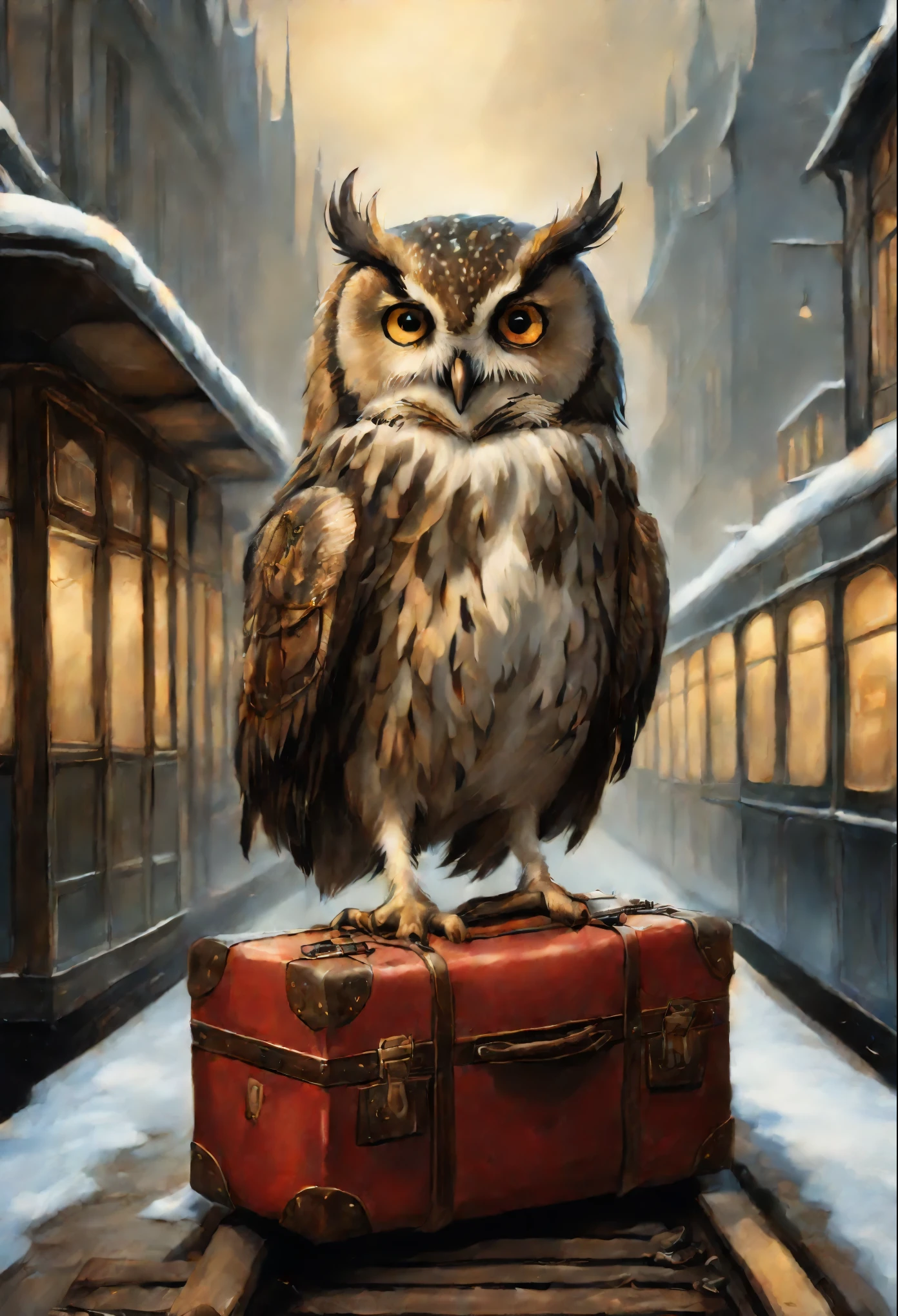真实感, a painting, Fantastic tale, Christmas style, John Tolkien style, Small painting by Jean-Baptiste Monge, ,Anime style,Makoto Shinkai, Harry did his best to, so as not to panic. According to the big vocal clock, he had ten minutes left to do so, to take the train to Hogwarts, but he had no idea, how can he do this. He stood in the middle of the platform with a huge suitcase, which could hardly be lifted off the ground, with pockets, full of magic money, and with a cage, where the big owl sat ,New Year's decorations.((scary decoration))(((tmasterpiece))), ((The best quality at its best)), ((intricate detials)), ((hyper realisitc))(8K), Jean-Baptiste Monge, anthropomorphic --ar 2:3 --testp -optimistic; Straight hair