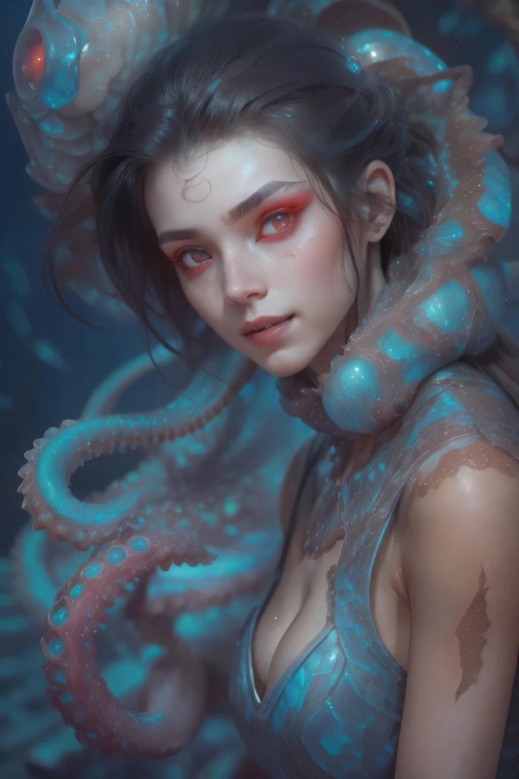 Portrait, (beautiful female alien:1.2), (she has red eyes with no pupils:1.8), (Translucent skin:1.7), (There is a female genital-like organ in the middle of the forehead:1.9), (The most beautiful face in the history of the universe:1.2),an evil gaze that seduces, (large mouth:1.1), (sharp teeth like a vampire:1.2), Full body like, (bio luminescent:1.5), (Smile wickedly:1.3), (sexypose:1.5), alien, No humans, cells are fused, (Lots of translucent tentacles:1.3) extraterrestrial, cell, bio image, Best Quality, 8K,4K_quality, High Definition, Dramatic Lighting, masutepiece:1.5,cinematic quality, detail up, (Intricate details:1.2), High resolution, High Definition, drawing faithfully, (Thick eyebrows:1.2), Beautiful eyes with fine symmetry,(Highly detailed face and eyes:1.2), Intimate face, (Super detailed skin quality feeling:1.4), Perfect Anatomy, (Beautiful toned body:1.5), (Moist skin:1.2), No makeup, (dark circles:1.1), long canines, cinematic drawing of characters, ultra high quality model, cinematic quality, detail up, (Intricate details:1.2), High resolution, High Definition, drawing faithfully, Official art, Unity 8K wall , 8K Portrait, Best Quality, Very High resolution, ultra detailed artistic photography, midnight aura, unreal enginee 5, Ultra Sharp Focus, art by alberto seveso, ArtGerm, Roisch, intricate artwork, best quality, masutepiece, ultra High resolution, (photos realistic:1.4), Ultra-realistic realism, dream-like, nautilus, Creation of fantasy, Snail, Dream Snail, biopunk nautilus, Thrilling color schemes, Ultra-realistic realism, seductively smiling, Blue tentacles,