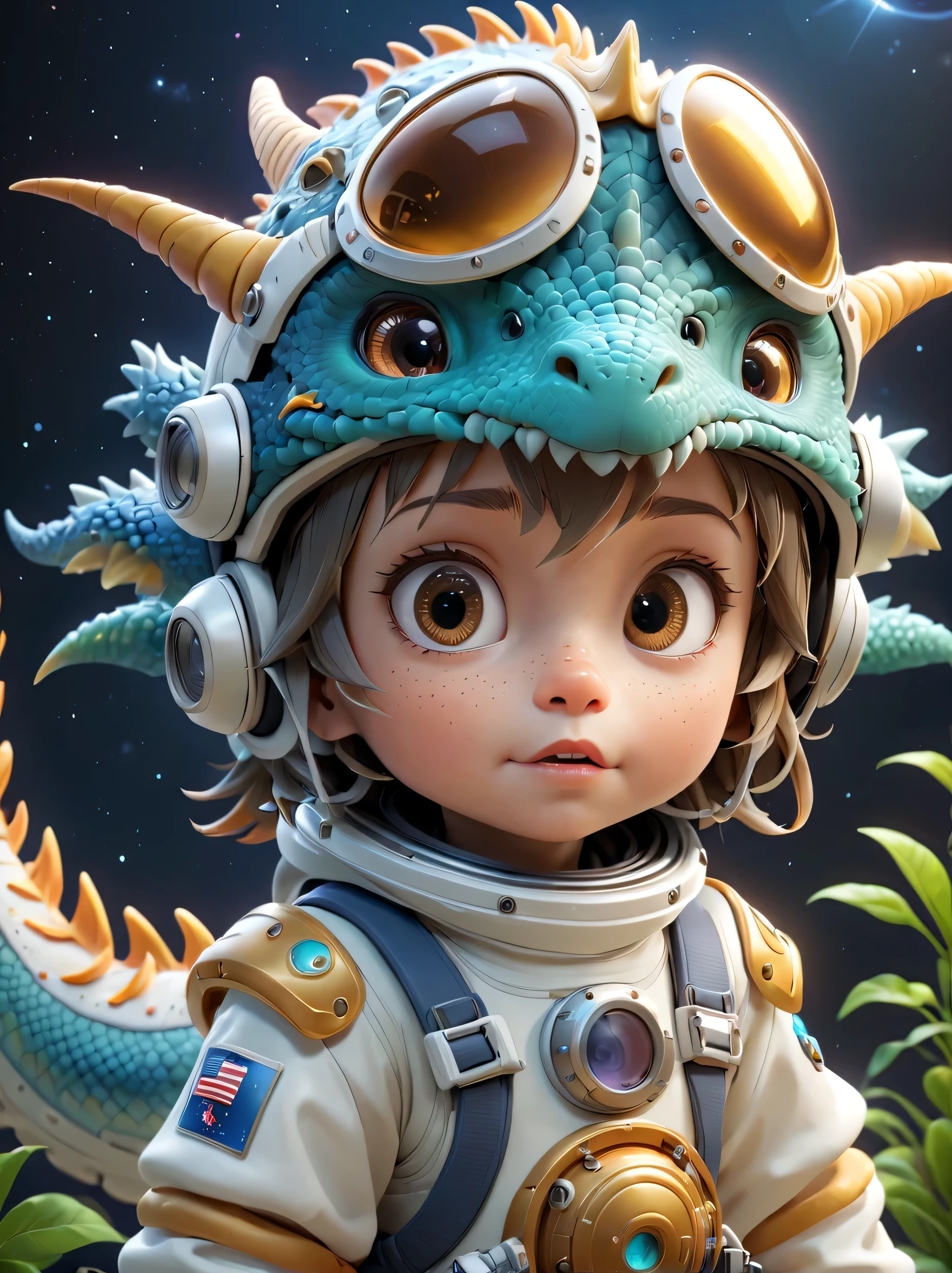 有一个Bring a helmet的小生肖龙，（Bring a helmet），Cute 3d rendering，little astronaut looking up，，Zodiac space cadet portrait dragon，Cute 3d rendering of cartoon zodiac dragon，Cute and detailed digital art，zodiac dragon explorer，Mini cute zodiac dragon，stylized 3d render，3d rendered figure art 8k，lovely digital painting，Anime style 3D，Ultra-detailed rendering