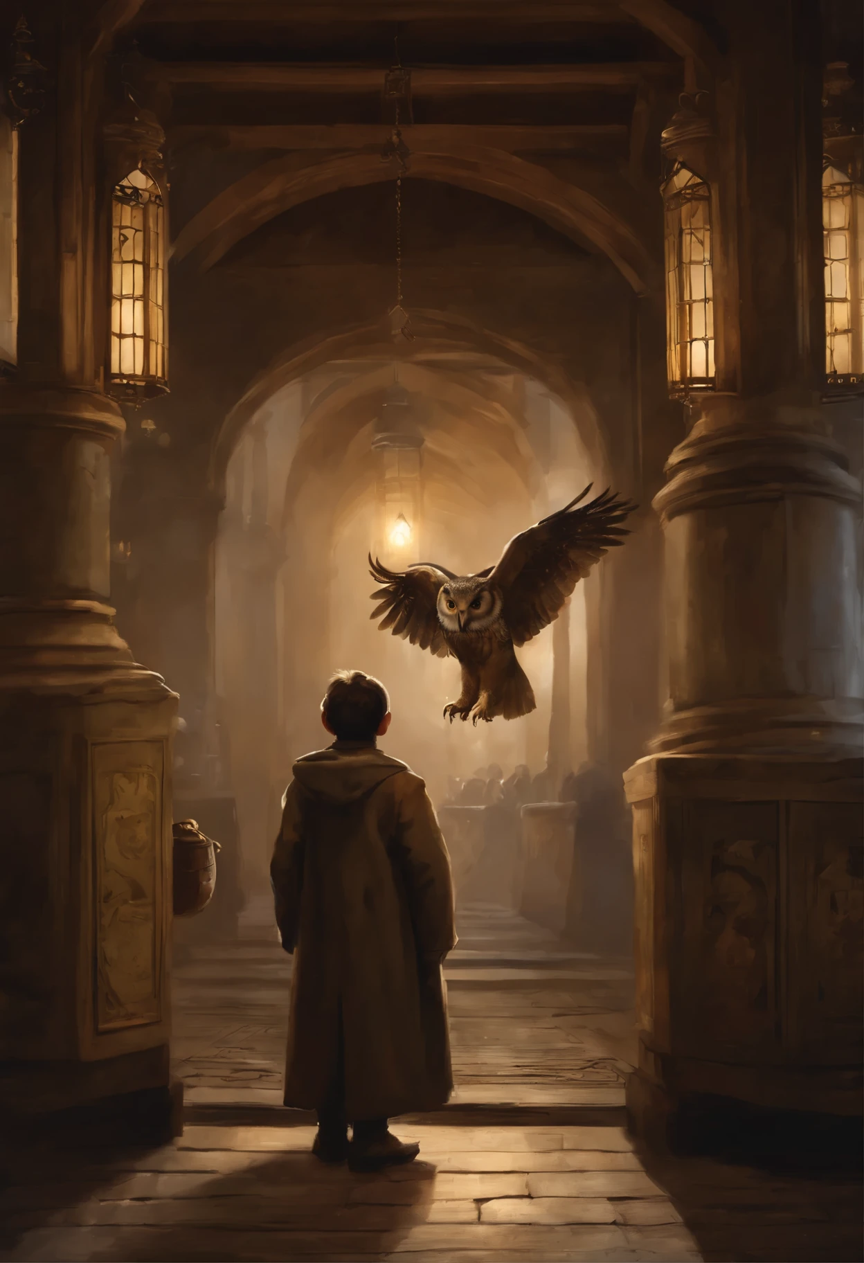 真实感, a painting, Fantastic tale, Christmas style, John Tolkien style, Small painting by Jean-Baptiste Monge, ,Anime style,Makoto Shinkai, Harry did his best to, so as not to panic. According to the big vocal clock, he had ten minutes left to do so, to take the train to Hogwarts, but he had no idea, how can he do this. He stood in the middle of the platform with a huge suitcase, which could hardly be lifted off the ground, with pockets, full of magic money, and with a cage, where the big owl sat ,New Year's decorations.((scary decoration))(((tmasterpiece))), ((The best quality at its best)), ((intricate detials)), ((hyper realisitc))(8K), Jean-Baptiste Monge, anthropomorphic --ar 2:3 --testp -optimistic; Straight hair