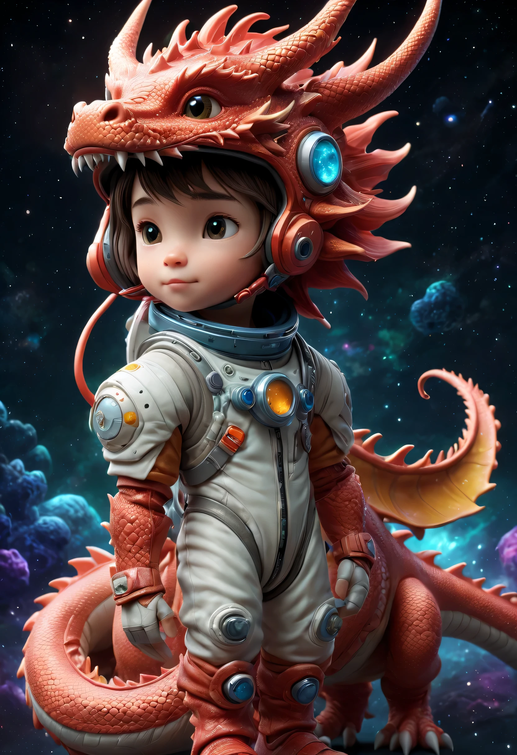 有一个Bring a helmet头盔的小生肖龙，（Bring a helmet），Cute 3d rendering，little astronaut looking up，，Zodiac space cadet portrait dragon，Cute 3d rendering of cartoon zodiac dragon，Cute and detailed digital art，zodiac dragon explorer，Mini cute zodiac dragon，stylized 3d render，3d rendered figure art 8k，lovely digital painting，Anime style 3D，Ultra-detailed rendering