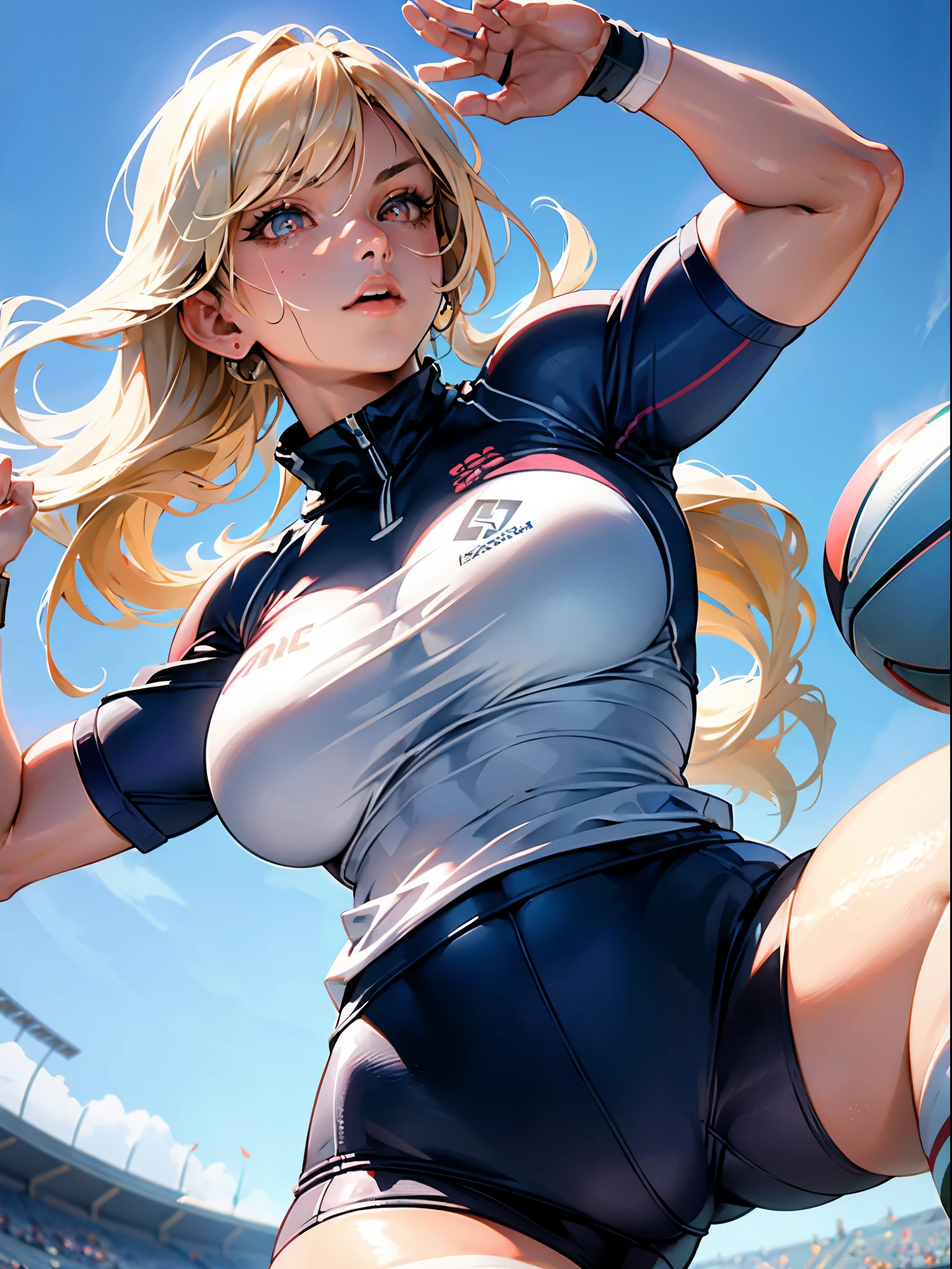 (Best Quality, masutepiece),ultra detailed photographic,1girl in, Women's Rugby Players ,Large breasts,trained abs,nice legs,hold a rugbyball At the rugby venue,Detailed beautiful face,Beautiful eyes,detailed hairs,detailed  clothes,Detailed realistic skin,Cool,Dynamic Angle,from below