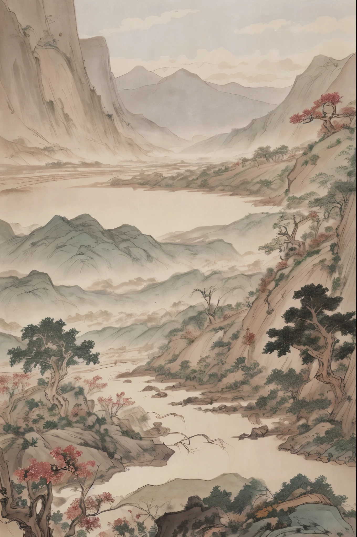 chinese painting, mountain, rock, flower, grass, river, tree, mountain in the distance, (sitting old man), (walking farmer), vanishing point, 35mm, UHD, masterpiece, ccurate, high detail, award-winning, best quality, 4K