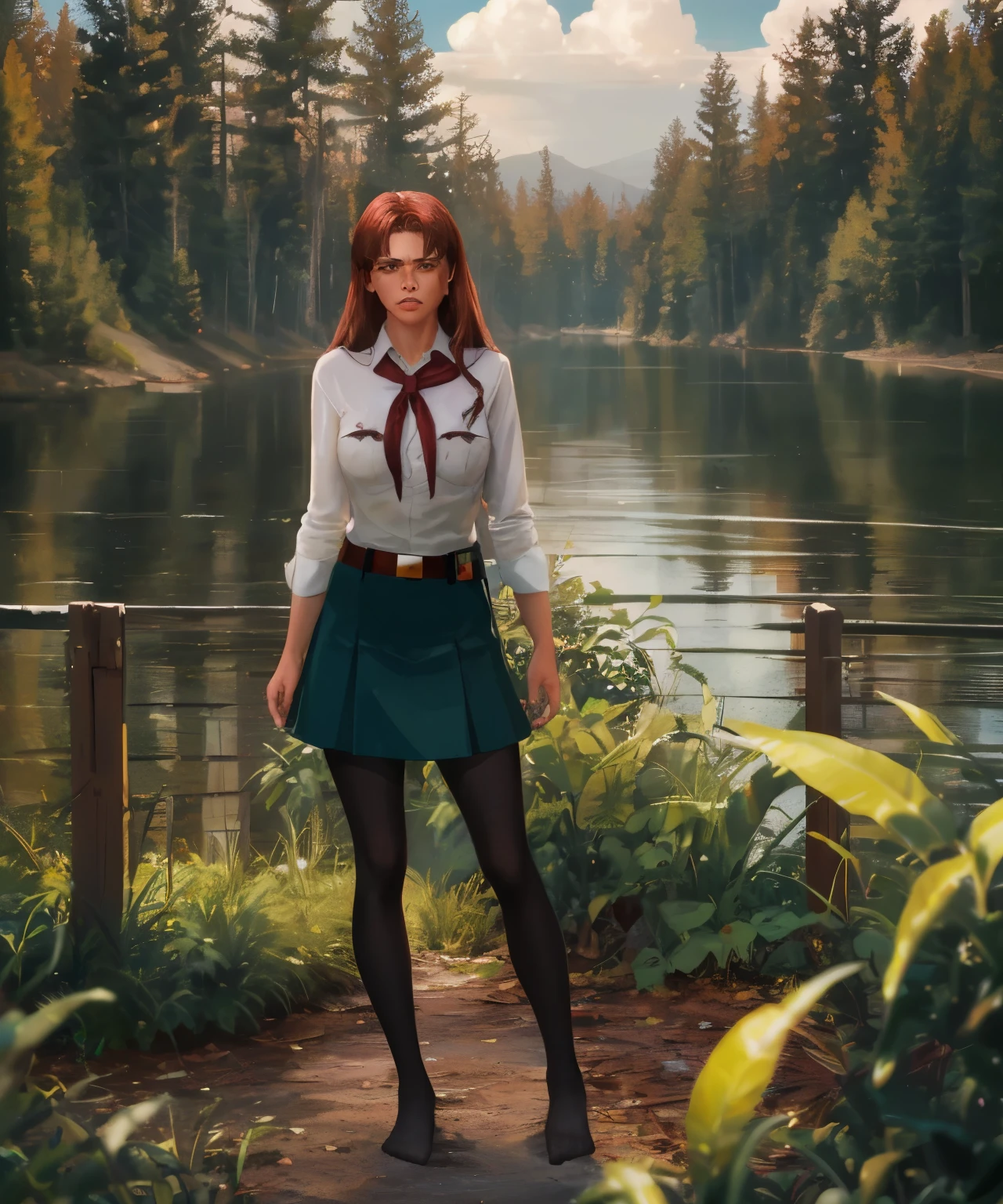 od, 1girl, show entire body, feet in view, solo, green eyes, brown hair, long hair, belt, outdoors, skirt, shirt, pantyhose, no shoes, tree, white shirt, cloud, red neckerchief, sky, water, neckerchief, day, parted lips, collared shirt, leaf, crossed arms, angry
