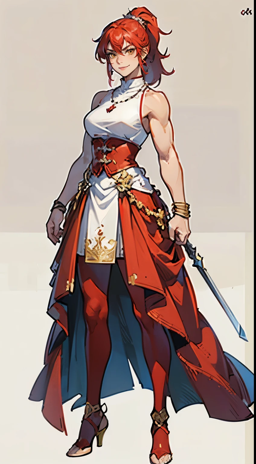 ((masterpiece,best quality,8k,highres)),((character concept art)), 1 female, young female adult, Fire God, 175cm height, straight medium hair, ponytail, (red hair colour), ultra finely detailed eyes (yellow eyes colour), extraordinary gorgeous, charming, (smirk smile), shapely breasts, hourglass body shape ((muscular)), ((intricate detail)), super finely detailed hands, ultra finely detailed fingers(((ten fingers))), sleeveless warrior outfit (red colour outfit), necklace, earrings, bracelet, (standing still), (full body showcase), (show full body), (no logos on background), (no logo), ((plain background)), ((plain background)), (((empty background)))
