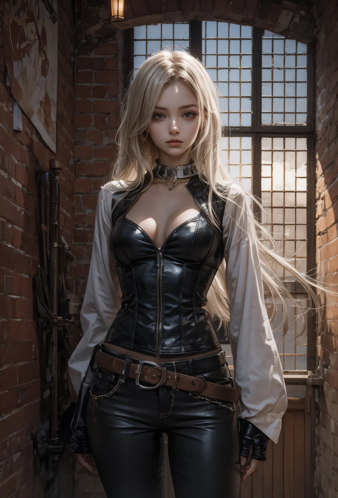 (Detailed illustrations,Very detailed and detailed drawing,Delicate lines with slow and rapid,Realistic texture expression),[Color tressed main line],dim room[prison[Walls and ceilings with exposed bricks that have deteriorated over time]],(japanes(Very Beautiful Little Girl)[14years])silber hair (bony and thin body[morbid]SKINNY),[leather [Bondage Fashion],Vampire,(Fine and beautiful skin expression [Transparency]),[完璧な目のdetaileds (Iris beautifully drawn in every detail)[Jewel-like eyes]],[long and beautiful eyelashes],[Meticulously drawn hair],(完璧な手のdetaileds [Beautiful fingers without breakdowns [Beautiful nails]]),(Perfect Anatomy(Perfectly proportioned))[[Full body like]],[Ideal color coordination(Accurate simulation of light-material interactions)],([Precision Detail](detaileds,high-detail)),[[Pale and gentle colors]][Visual art that conveys a sense of narrative] [[Eros in the Natural Body]].