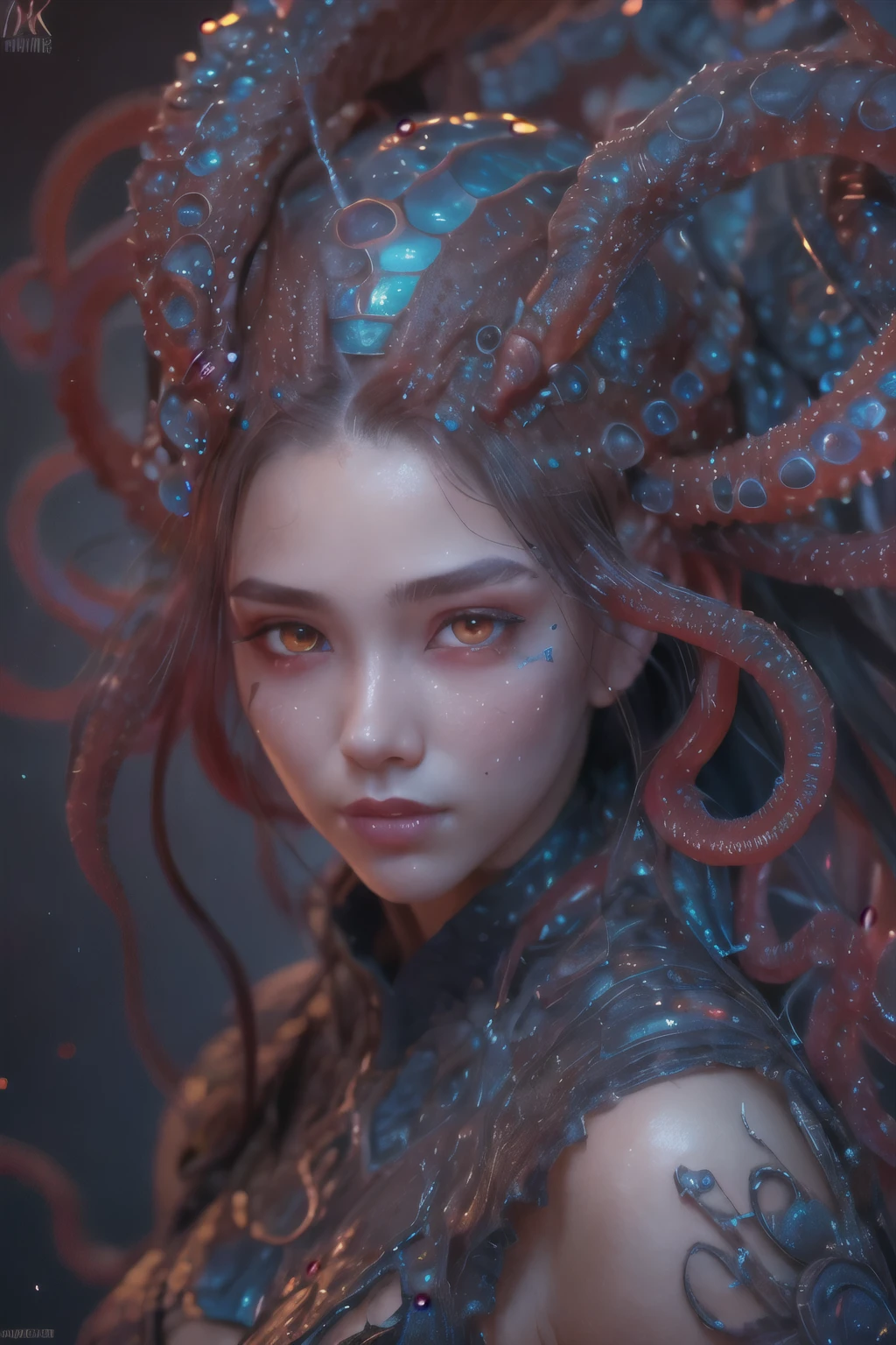 Portrait, (beautiful female alien:1.2), (she has red eyes with no pupils:1.8), (Translucent skin:1.7), (There is a female genital-like organ in the middle of the forehead:1.9), (The most beautiful face in the history of the universe:1.2),an evil gaze that seduces, (large mouth:1.1), (sharp teeth like a vampire:1.2), Full body like, (bio luminescent:1.5), (Smile wickedly:1.3), (sexypose:1.5), alien, No humans, cells are fused, (Lots of translucent tentacles:1.3) extraterrestrial, cell, bio image, Best Quality, 8K,4K_quality, High Definition, Dramatic Lighting, masutepiece:1.5,cinematic quality, detail up, (Intricate details:1.2), High resolution, High Definition, drawing faithfully, (Thick eyebrows:1.2), Beautiful eyes with fine symmetry,(Highly detailed face and eyes:1.2), Intimate face, (Super detailed skin quality feeling:1.4), Perfect Anatomy, (Beautiful toned body:1.5), (Moist skin:1.2), No makeup, (dark circles:1.1), long canines, cinematic drawing of characters, ultra high quality model, cinematic quality, detail up, (Intricate details:1.2), High resolution, High Definition, drawing faithfully, Official art, Unity 8K wall , 8K Portrait, Best Quality, Very High resolution, ultra detailed artistic photography, midnight aura, unreal enginee 5, Ultra Sharp Focus, art by alberto seveso, ArtGerm, Roisch, intricate artwork, best quality, masutepiece, ultra High resolution, (photos realistic:1.4), Ultra-realistic realism, dream-like, nautilus, Creation of fantasy, Snail, Dream Snail, biopunk nautilus, Thrilling color schemes, Ultra-realistic realism, seductively smiling, Blue tentacles,