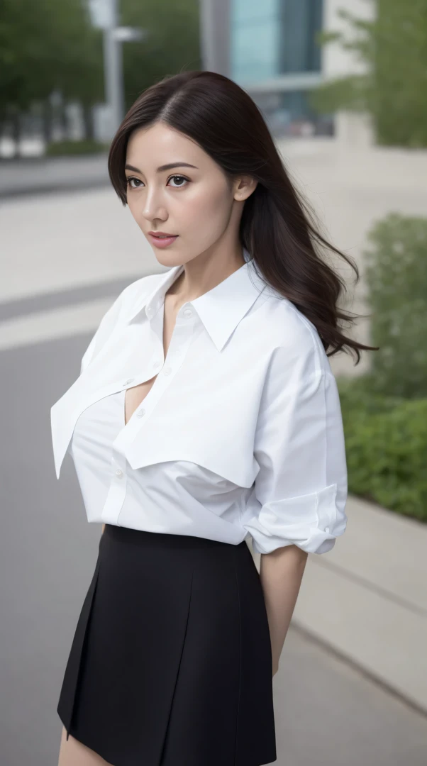 （（Best quality at best，8K，tmasterpiece：1.3）），Clear focus：1.2，one pretty woman，perfect body figure：1.4，Slim abs：1.2，（dark brown  hair，：1.2）），（White button-down long shirt：1.1），the city street：1.2，Highly Detailed Face and Skin Textur，fully body photo：1.4，詳細な目，二重まぶた，Huge big breasts(round form，Thoroughly exposed)，black micro skirt，black pantyhoses，high-heels。