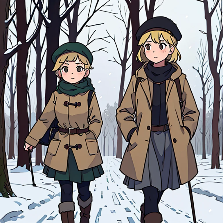 Young short finnish girl, short blonde hair, brown eyes, brown cross bag, long grey winter coat, long skirt, black winter boots, british beret hat, large winter forrest, snowing, walking alone in the woods