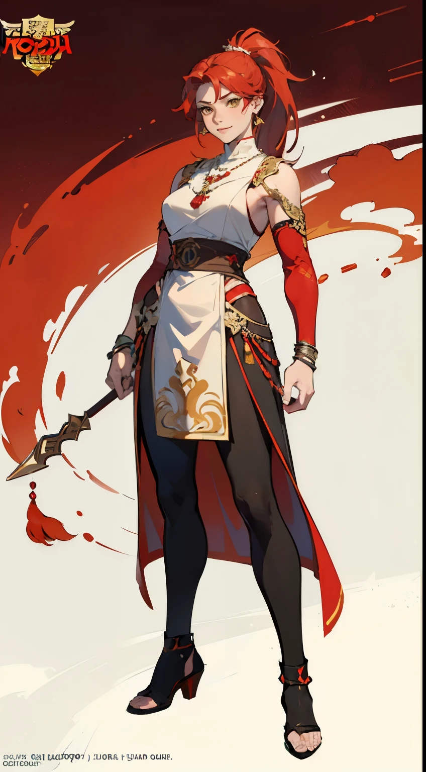 ((masterpiece,best quality,8k,highres)),((character concept art)), 1 female, young female adult, Fire God, 175cm height, straight medium hair, ponytail, (red hair colour), ultra finely detailed eyes (yellow eyes colour), extraordinary gorgeous, charming, (smirk smile), shapely breasts, hourglass body shape ((muscular)), ((intricate detail)), super finely detailed hands, ultra finely detailed fingers(((ten fingers))), sleeveless warrior outfit (red colour outfit), necklace, earrings, bracelet, (standing still), (full body showcase), (show full body), (no logos on background), (no logo), ((plain background)), ((plain background)), (((empty background)))
