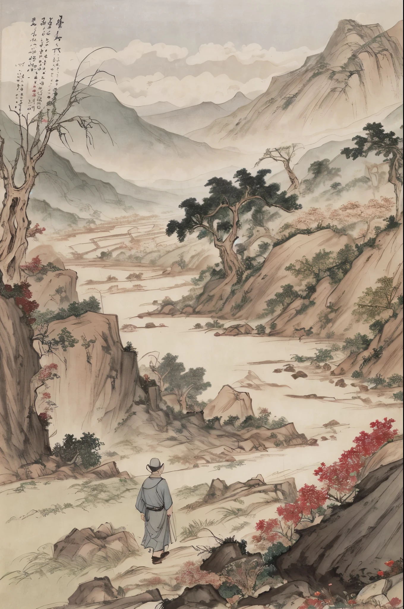 chinese painting, mountain, rock, flower, grass, river, tree, mountain in the distance, (sitting old man), (walking farmer), vanishing point, 35mm, UHD, masterpiece, ccurate, high detail, award-winning, best quality, 4K