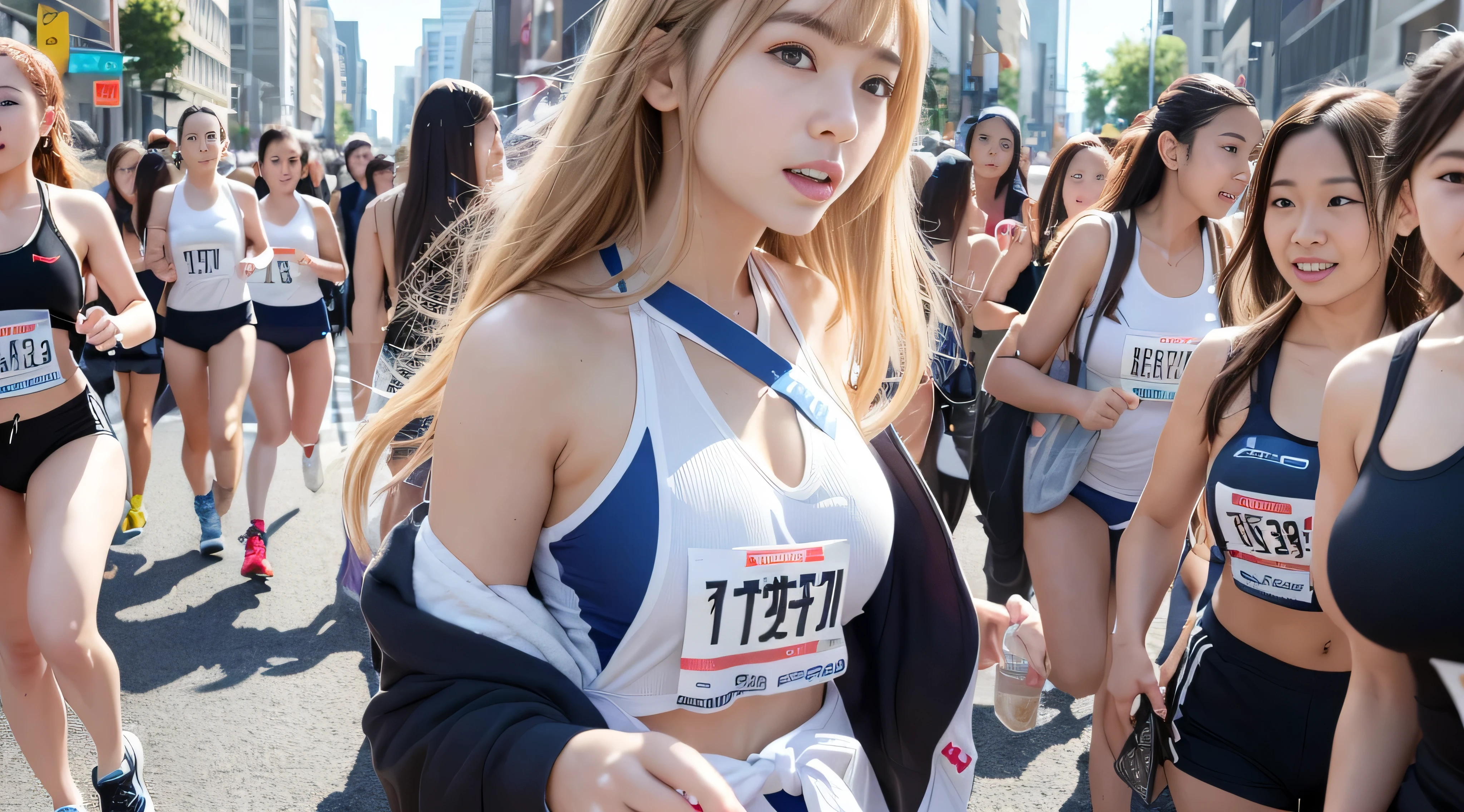 RAW image quality、8K picture quality, detailed CG images, ({age female, hundreds of girls, Thousands of girls, Multiple girls:1.4)), ((many girl, Only girls, crowd shot, girls are friends:1.4}), (Everyone is running at full speed:1.4)、(Very dense:1.4)、A smile, embarassed face、shout out、Painful look、laugh face、Looking at Viewer, ヘーゼルFarbeの瞳, Extremely detailed, 茶Farbeの頭髪, Blonde hair, 赤Farbeのヘア, 黒Farbeの髪が, {{The bikini, Farbe々Sports Bra, Running pants, Bib:1.4}}, Colossal tits, ((Everyone wears the relay sash on their shoulders.:1.4))marathon relay tournament, Wide asphalt road, (((crowd of girls:1.4))), ((adhesion:1.4)), Women'team marathon tournament, Best Quality, High quality, extremely detailed anime screencap, brainwashed girls、(Marathon Venues), Looking at the camera, city/A sky lined with lenses that look like skyscrapers、