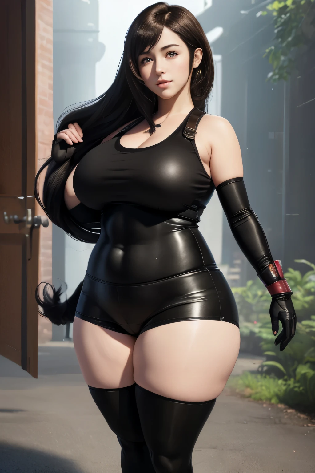 masterpiece, (photorealistic), (8k wallpaper) , (best quality), perfect quality, solo, (detailed eyes:0.9), girl, very beautiful, small smile, young, face : ( tifa lockhart, make up, very beautiful face, small smile, beautiful, plump face, plump cheeks, cute face, young, big eyes, round face ) , figure: ( very full body, very full figure, very thicc, very thick, very soft, very curvy, love handles, sexy curves, sexy pose, sexy, muffin top, very thick thighs, thunder thighs) , clothes : (tight miniskirt, black tights)