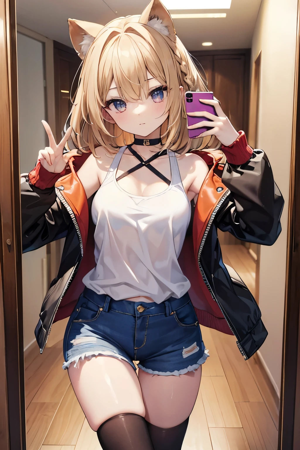 masterpiece, Highest quality, beautiful, high resolution, perfect anatomy, Beautiful bright flaxen hair、Beautiful eyes、Longhaire、Tank tops、denim shortpants、a choker、 black pantyhose, brown jacket, selfie style、selfee、piece、piece sign、 8K、a beauty girl、 Nice、 Beautiful hair、 Beautiful eyes、 Beautiful skin、Beautiful legs、Beautiful arms、Perfect fingers、 Very cute、 Very kawaii、
