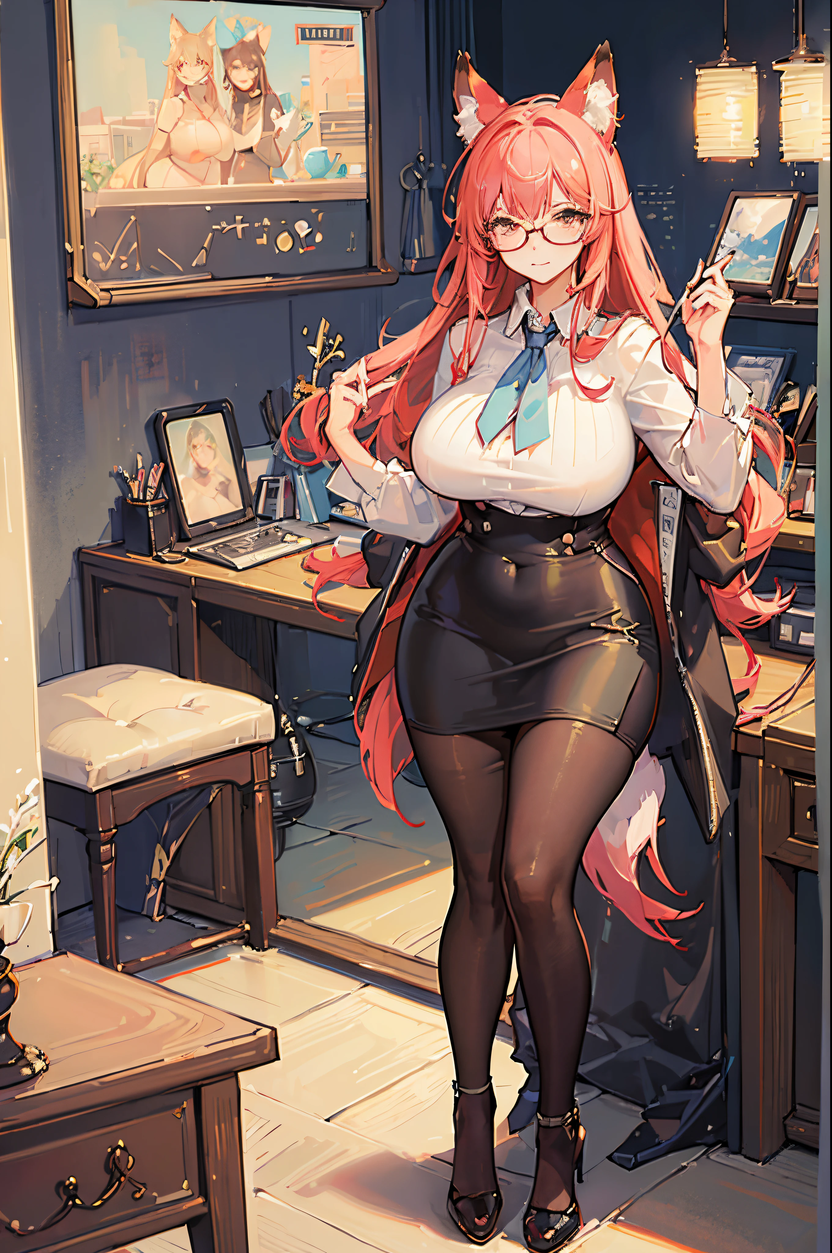 (Masterpiece: 1.5), (Best Quality: 1.5), (Perfect Face), 1 Woman, Fox ears, Fox tail, office lady, mature woman, big tummy, fat body, voluptuous body, tight pencil skirt, glasses, thick thighs, wide hips,