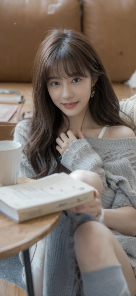 (On a table, Best quality at best, realistically, ultra - detailed, meticuloso, A high resolution, 8k wallpaper), Close-up portrait of a beautiful woman, Chariada, Smiling, light brown messy hair, Perfect dynamic composition, 美丽meticuloso的眼睛, Just like the cover of a fashion magazine, On campus