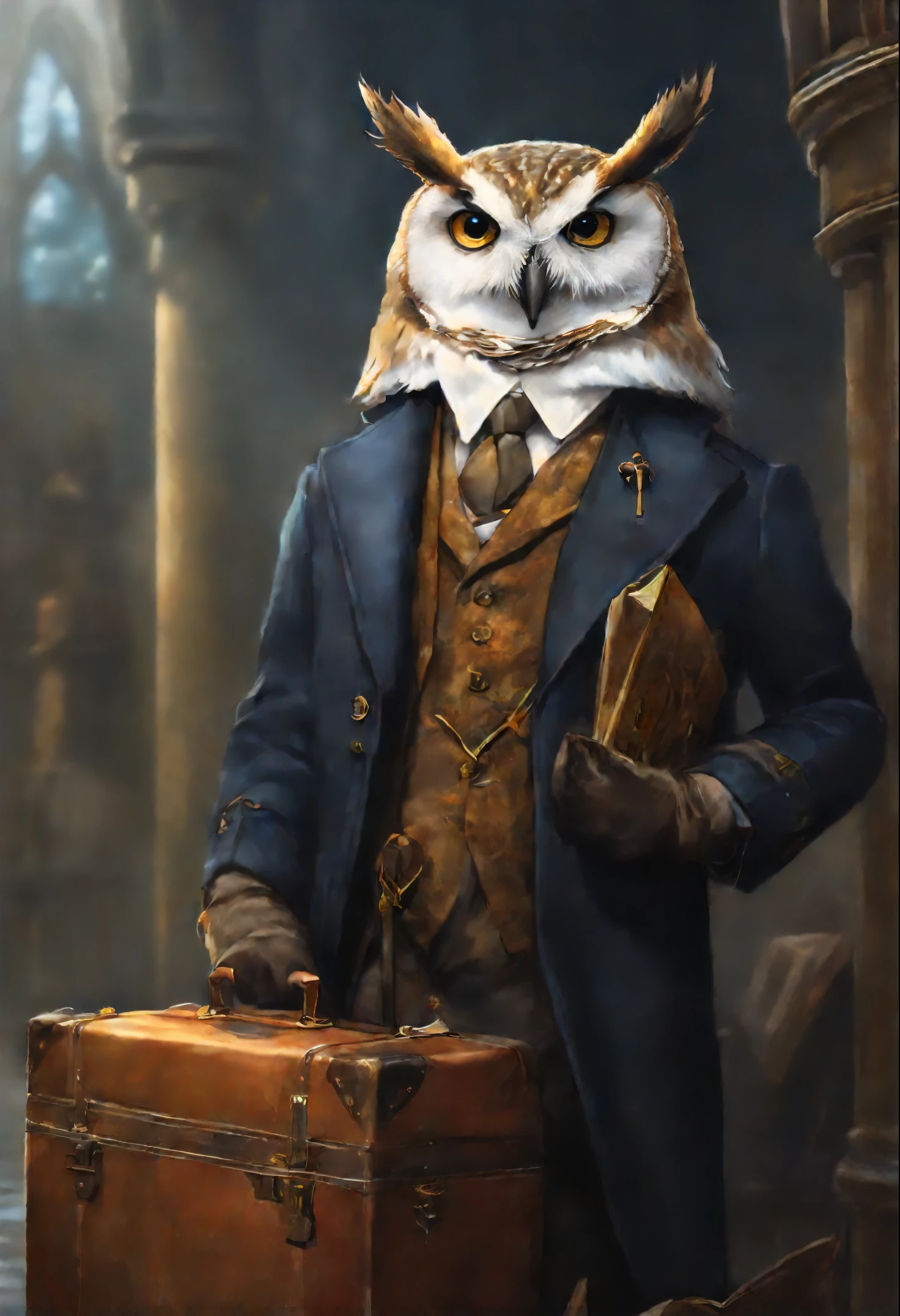 there is a picture of a man in a suit and suitcase, The Wizard of the Owl, fantasy matte painting，Cute, adorable digital painting, at Hogwarts, Hogwarts Backstory, by Cynthia Sheppard, realistic fantasy illustration, Art from Harry Potter, rob rey, Jean Baptiste monge, fantasy book illustration, fantasy rpg book illustration, inspired by Johannes Helgeson