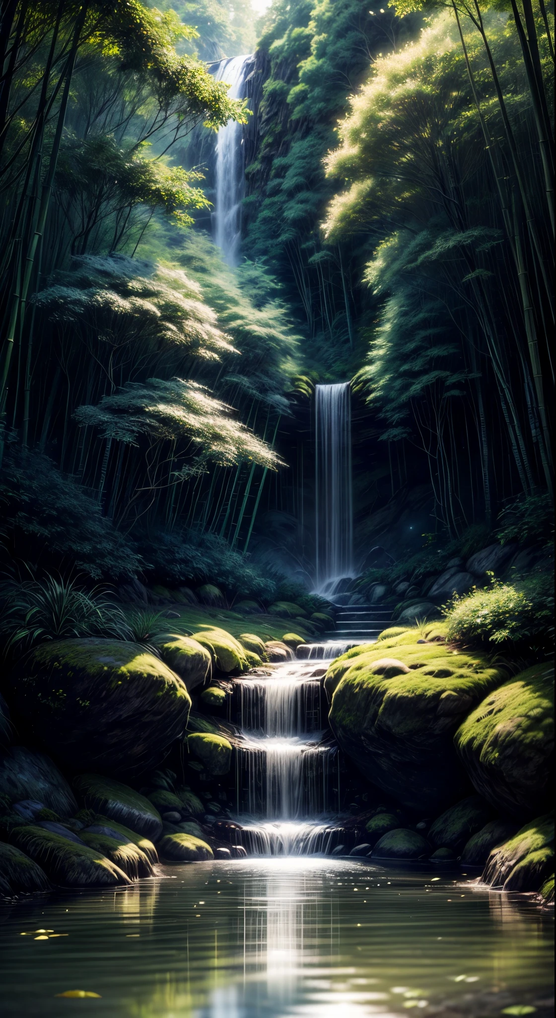 (best quality, HDR:1.2), serene, mystical, lush greenery, dense foliage, tranquil atmosphere, ethereal beauty, soft moonlight filtering through the trees, soothing earth tones, shimmering reflections on a peaceful pond, misty ambiance, hidden paths leading to hidden wonders, rustling bamboo leaves, secluded sanctuary, enchanting whispers of nature