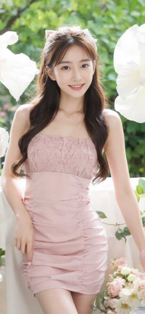 (On a table, Best quality, realistically, ultra - detailed, meticuloso, A high resolution, 8k wallpaper), Close-up portrait of a beautiful woman, Chariada, Smiling, light brown messy hair, Perfect dynamic composition, 美丽meticuloso的眼睛, Just like the cover of a fashion magazine, On campus