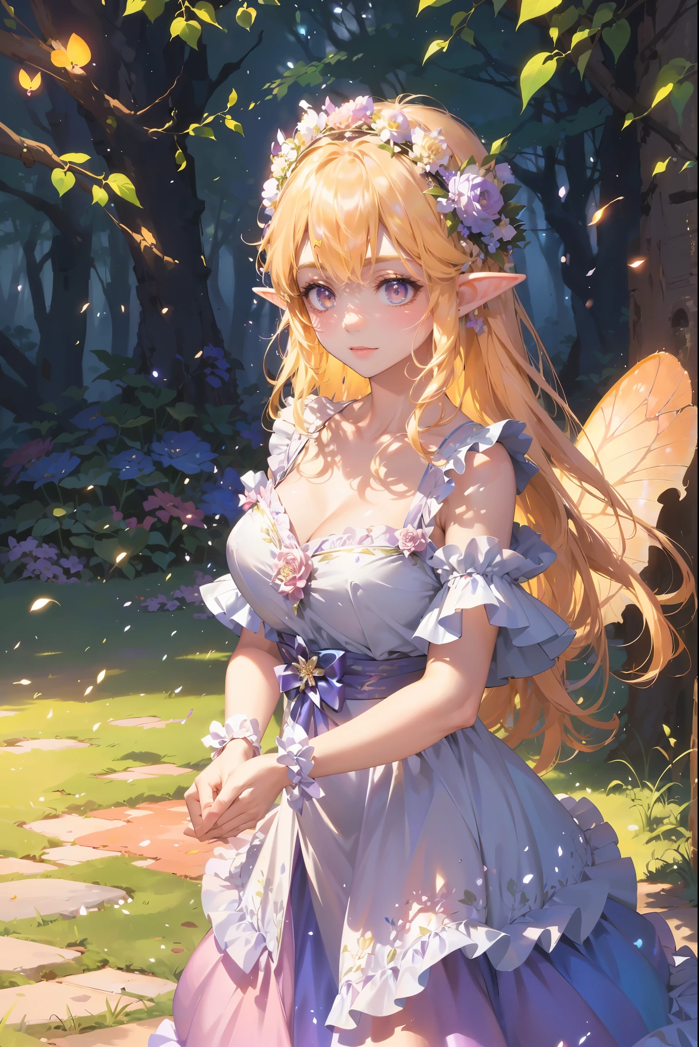 最high quality、1 woman elf on screen 、Beautifully decorated  dress、Beautiful foam、、CourtyardShining fairy wings、Flower fractal art　　Beautiful Nature　Crystal of snow、beautiful 　、Bigger on the screen((cowboy shot 　))　((sexy  body stocking　　　、see-through  dress,,))Beautiful radiance,High-definition depiction, Realistic, 8k, Unity, beautiful Shot, , Beautifully and vividly drawn, , Beautiful, beautiful, clear skin、sexly,beautiful underwear,Countless rays of light pouring down, Swirling Light, Raise one arm above your head, Intense light is emitted from the magic circle in front of the girl.   forest、Lots of leaves、green leaves、Particles of light、at night、Magic Palace、Fairy tale、
Romanticism,Cowboy Shot: The most beautiful form of chaos, Mr..々colour, Intertwined flowers, ,magical gentle light,smile,sexly,image quality、masterpiece、Beautiful Face、Super beautiful elf woman((Big breasted 22 year old office lady、Bust 100,Beautiful long ironed hair 、bionde hair,height: 165cm。、sexly、ANDsbian、、high quality、、Visual art、Written boundary depth、、ANDlf ANDars、、universe、Happy smile、gentle light、ANDlf forest、elegant、ticker beautiful decorative、、magic、forest、beautiful tiara、Beautiful bed、Beautiful Landscape、A kind smile、wonderful、Fluttering petals、、、Cultivate fantasy、、Mystery light　Lots of flowers、、art、forest, palace, art,mystery,Ultra-high resolution,atmosphere A colorful and dreamy anime-style illustration of a young girl with beautiful hair,Beautiful Forest. surrounded by a kaleidoscope of colors and glowing lights. The background is filled with whimsical details and a magical atmosphere.