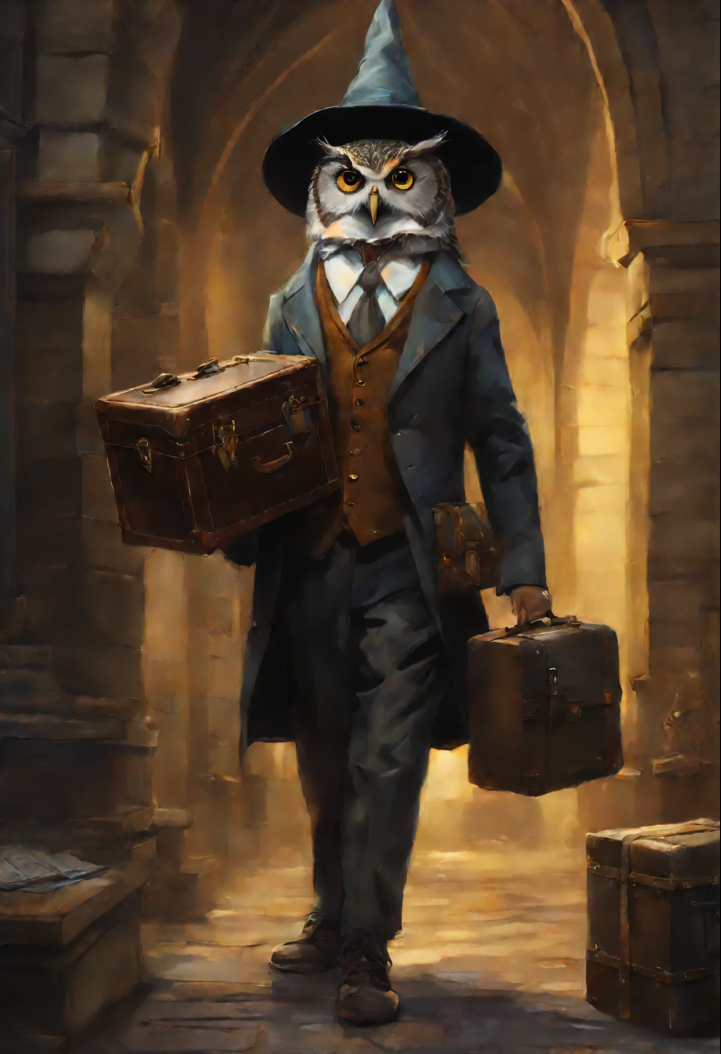 there is a picture of a man in a suit and suitcase, The Wizard of the Owl, fantasy matte painting，Cute, adorable digital painting, at Hogwarts, Hogwarts Backstory, by Cynthia Sheppard, realistic fantasy illustration, Art from Harry Potter, rob rey, Jean Baptiste monge, fantasy book illustration, fantasy rpg book illustration, inspired by Johannes Helgeson