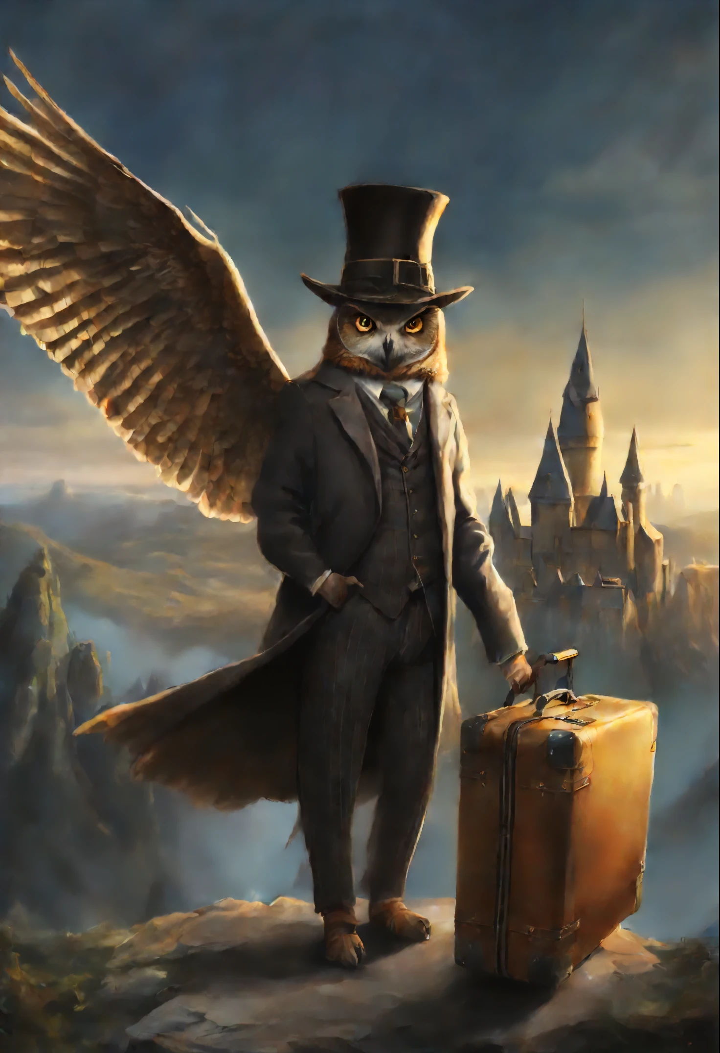 there is a picture of a man in a suit and suitcase, The Wizard of the Owl, fantasy matte painting,Cute, adorable digital painting, at Hogwarts, Hogwarts Backstory, by Cynthia Sheppard, realistic fantasy illustration, Art from Harry Potter, rob rey, Jean Baptiste monge, fantasy book illustration, fantasy rpg book illustration, inspired by Johannes Helgeson