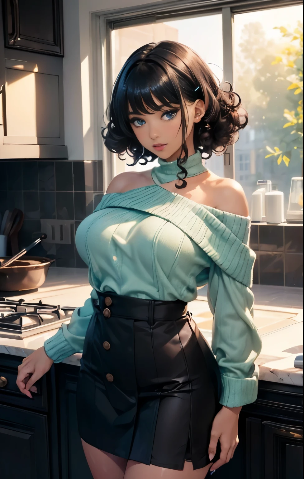 (masterpiece),(top-quality:1.2),1 milf,(masuter piece:1.3),exquisitedetails, top-qualityの8K解像度, Ultra-detailed, Realistic, Vibrant colors, Soft tones, With warm and gentle lighting,(Black Off-Shoulder Knit:1.3),(Green miniskirt:1.5,) (Natural perm for short black hair:1.5),(light bangs:1.3),(Glowing hair),(Dark blue eyes:1.3), Colossal tits, Constricted waist, Toned buttocks, (light chocolate skin), hair clips, Stand in the kitchen, Seductive gaze