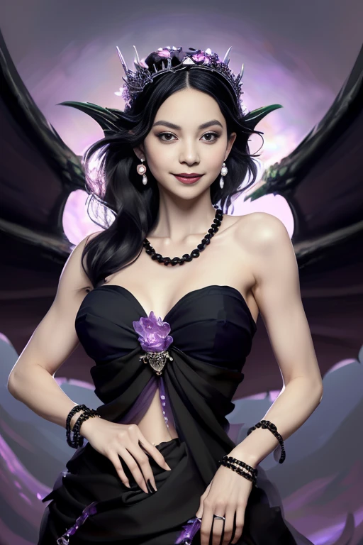 oil painting, beautiful sexy Queen, smiling enchantingly, slender female, standing by the throne (((wearing black and purple dragon scale dress, pearl necklace, black onyx tiara, large dragon wings))), (((messy hair, small bust, narrow waist, thin abs))), against fire flame in dark cave, (((gothic art style, art by Peter Paul Rubens)))