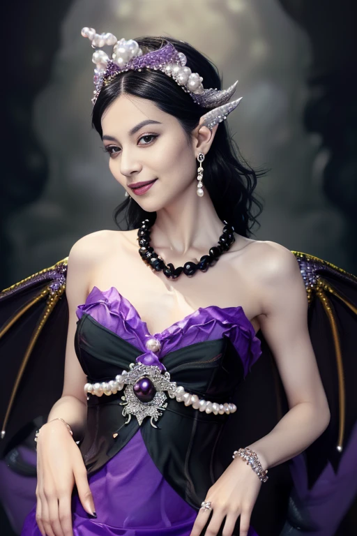 oil painting, beautiful sexy Queen, smiling enchantingly, slender female, standing by the throne (((wearing black and purple dragon scale dress, pearl necklace, black onyx tiara, large dragon wings))), (((messy hair, small bust, narrow waist, thin abs))), against fire flame in dark cave,  (((gothic art style, art by Peter Paul Rubens)))