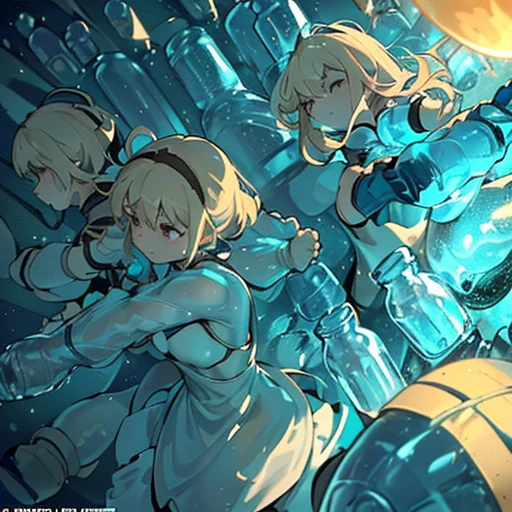A liquid glass girl who serves an extremely unstable anti-gravity bottle armor.、Amazing dynamism、Amazing Angle、Sandstorm of unstable gravitational buoyancy、((((((Many friendly bottles closely fused and chased each other))))))、((((eroding each other and whispering'jar of))))、