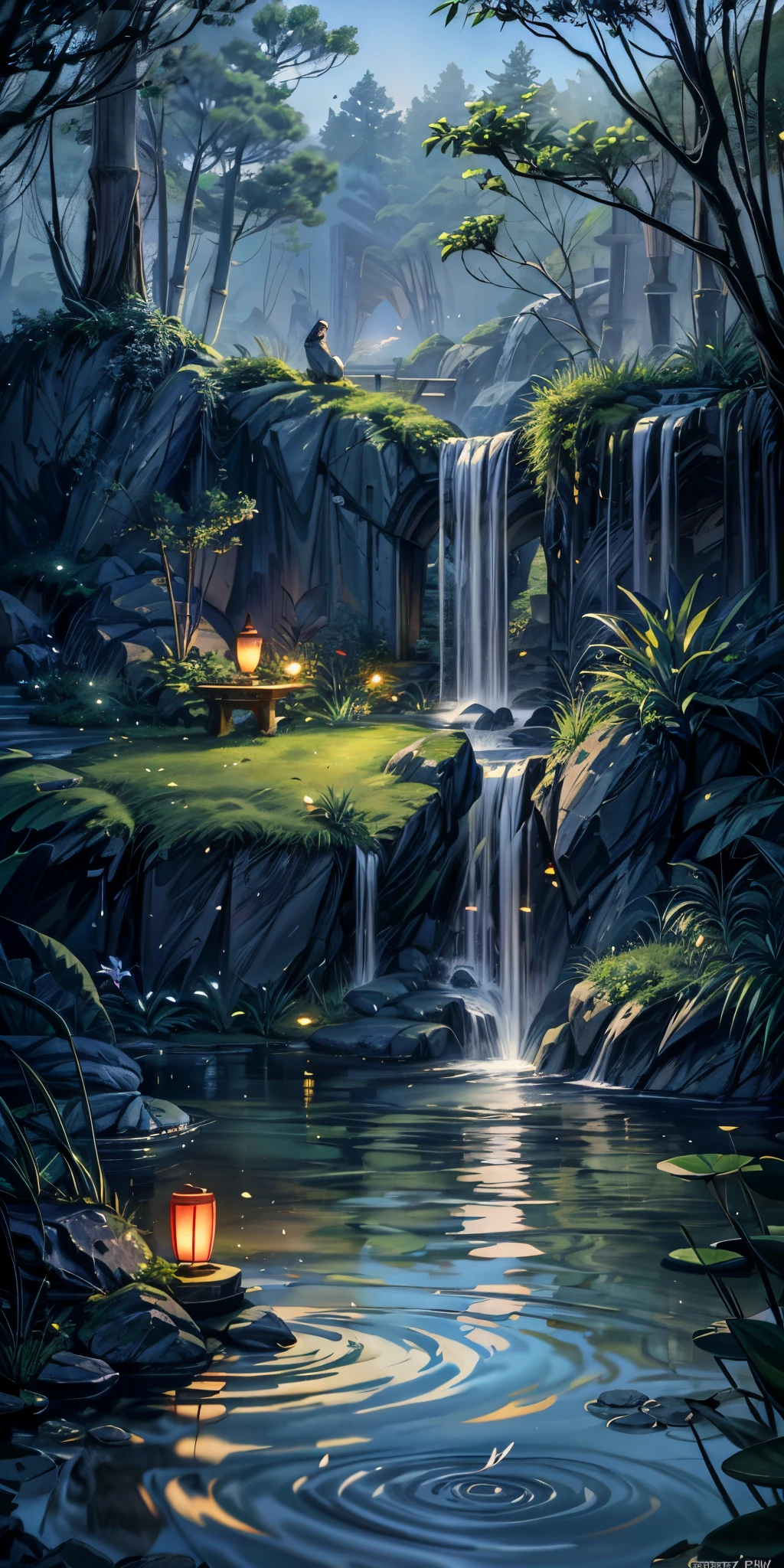 Ancient Chinese architecture, garden, bamboo, lake, stone bridge, rockery, arch, corner, rockery, tree, flowing water, landscape, outdoor, waterfall, meadow, rock, water lily, stream, lotus, moon, night view, hot springs, water vapor, (illustration: 1.0), epic composition, realistic lighting, high-definition detail, masterpiece, best quality, (very detailed CG unified 8k wallpaper), (best quality)