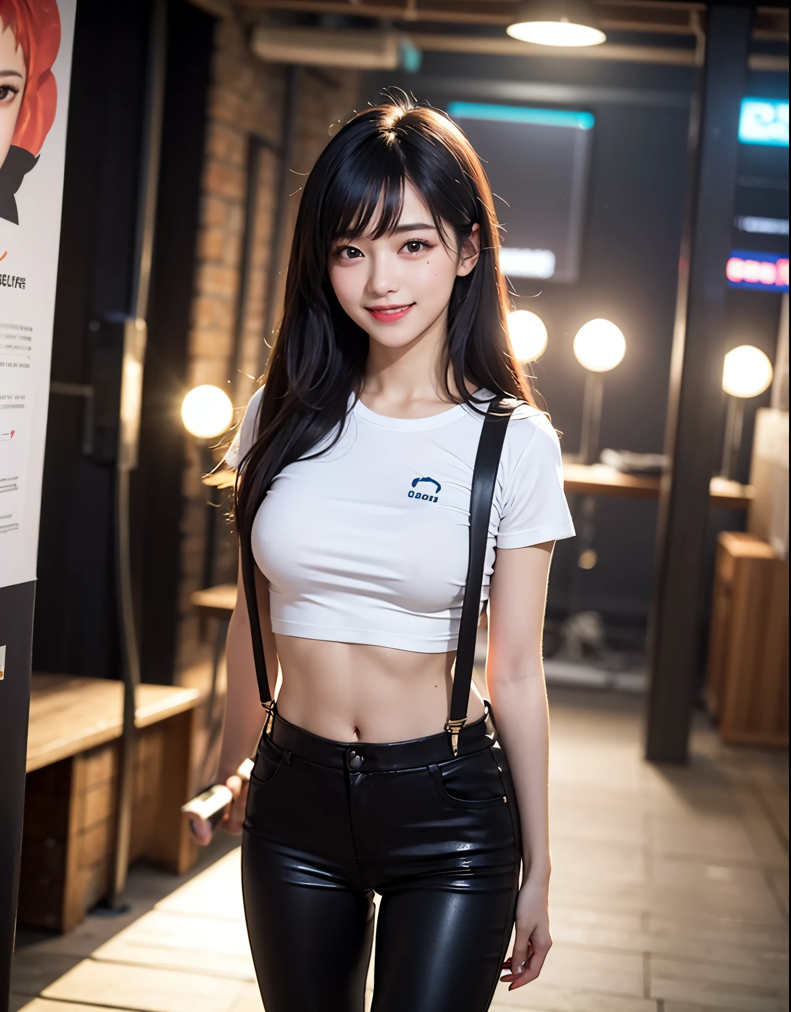 Best Quality, masutepiece, 超A high resolution, (Photorealistic:1.4), Raw photo, 1girl in, kーpop idol, Idol makeup,long hair black hair,,Chibi T-shirt,suspenders、CAP,Navel Ejection,abdominals、Parachute pants,Detailed eyes,(realisticeyes),delicated face,realskin,detailed hairs,Detailed skin,Beautiful face,((Smiling))、Bright lighting、music program lighting、