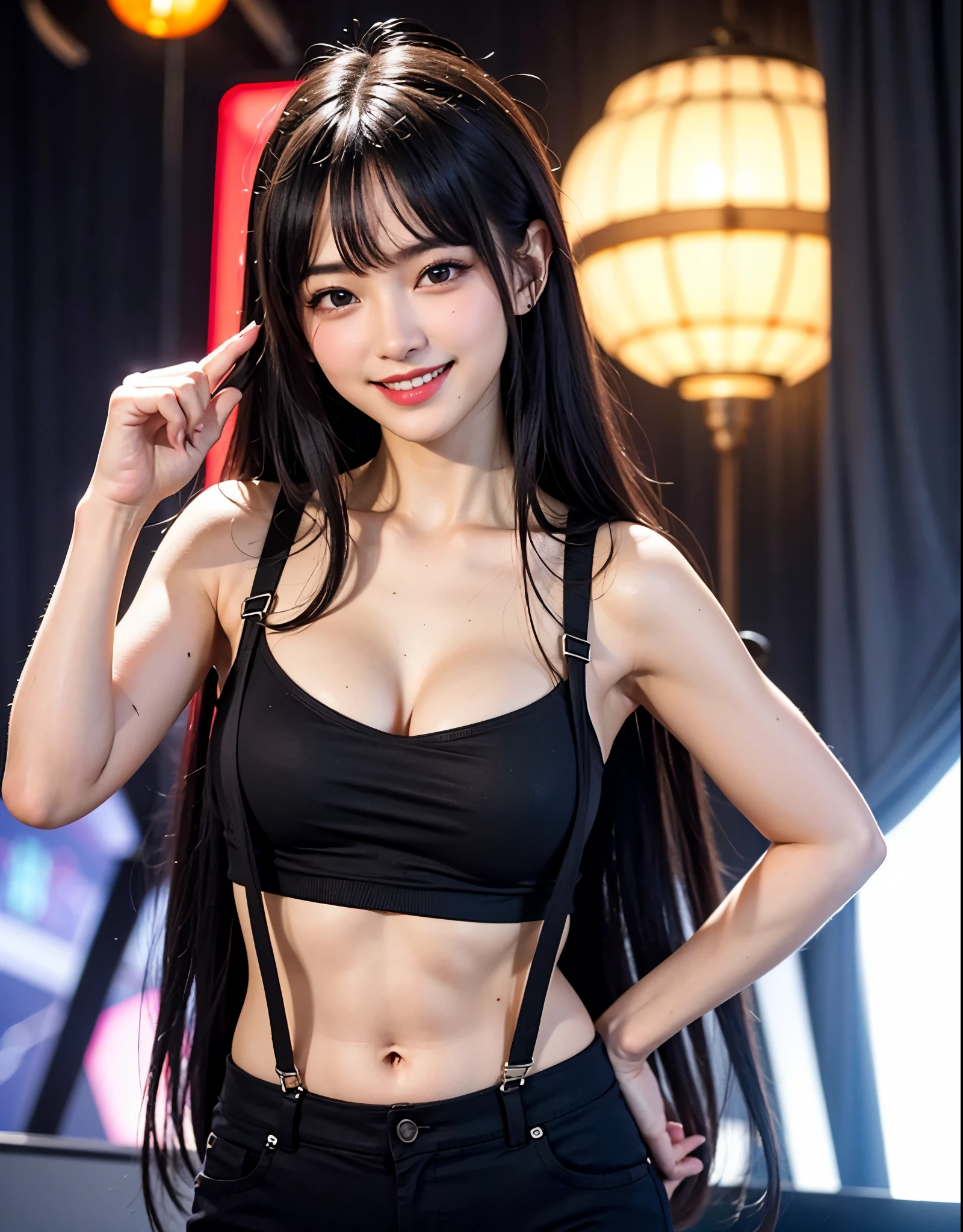 Best Quality, masutepiece, 超A high resolution, (Photorealistic:1.4), Raw photo, 1girl in, kーpop idol, Idol makeup,long hair black hair,,Chibi T-shirt,suspenders、CAP,Navel Ejection,abdominals、Parachute pants,Detailed eyes,(realisticeyes),delicated face,realskin,detailed hairs,Detailed skin,Beautiful face,((Smiling))、Bright lighting、music program lighting、