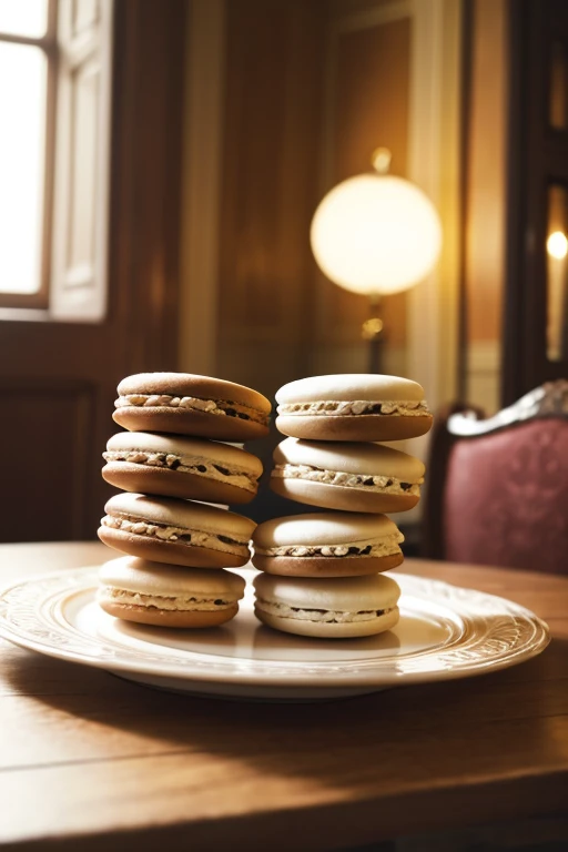 cookies macaroons in a beautiful interior on the table, large, romantic mood, blurred background