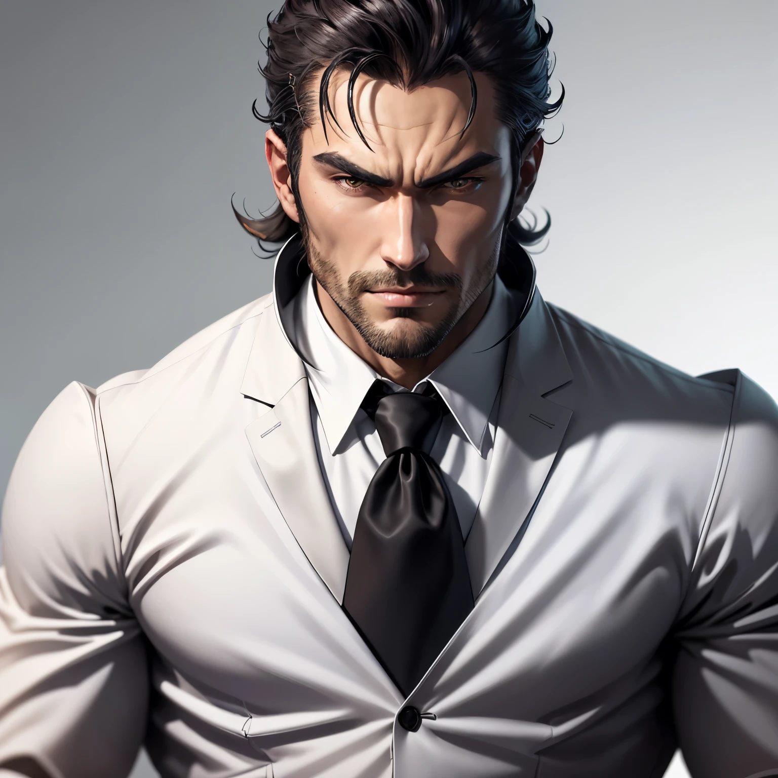 white backgrounid、 male villain portrait, a handsome man, rugged men, human rogue male, human male, casimir art, human maleのならず者, highly detailed exquisite fanart, white backgrounid、In a white shirt、businessman、Black and white illustration、Whole face、japanes