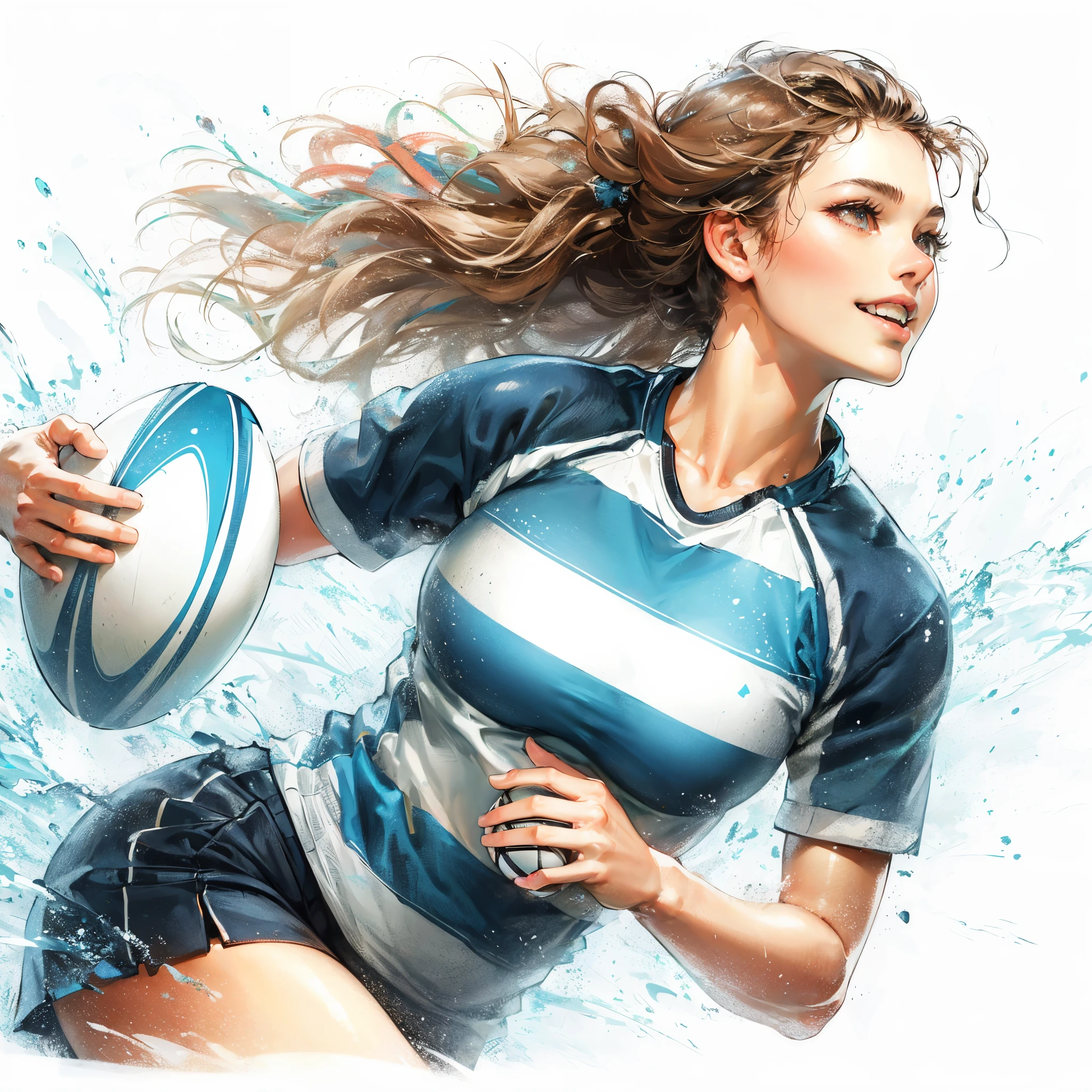 (Best Quality, masutepiece),ultra detailed photographic,1girl in, Women's Rugby Players ,Large breasts,trained abs,nice legs,hold a rugbyball At the rugby venue,Detailed beautiful face,Beautiful eyes,detailed hairs,detailed clothes,Detailed realistic skin,Cool,Dynamic Angle,