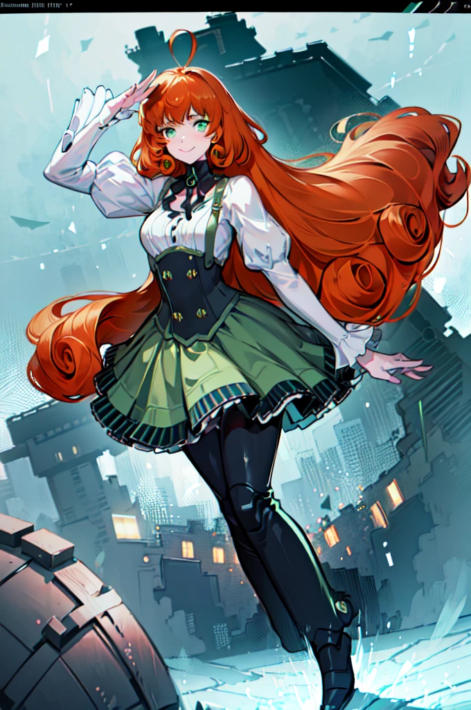 pennymk2, detailed face, beautiful, blur, depth of field, green eyes, freckles, black bow, (power symbol:1.2), black ribbon, black thighhighs, mechanical legs, smile, long hair, juliet sleeves, white blouse, suspender skirt, corset, buttons, orange hair, 8k wallpaper, octane render, cinematic lighting, best quality, highres, absurdres, sharp focus, (8k), (4k), (Best Quality), fantasy, extremely detailed, intricate, hyper detailed, (perfect face), illustration, soft lighting, (specular lighting:1.4), happy face, smile, full body, full, salute, pose