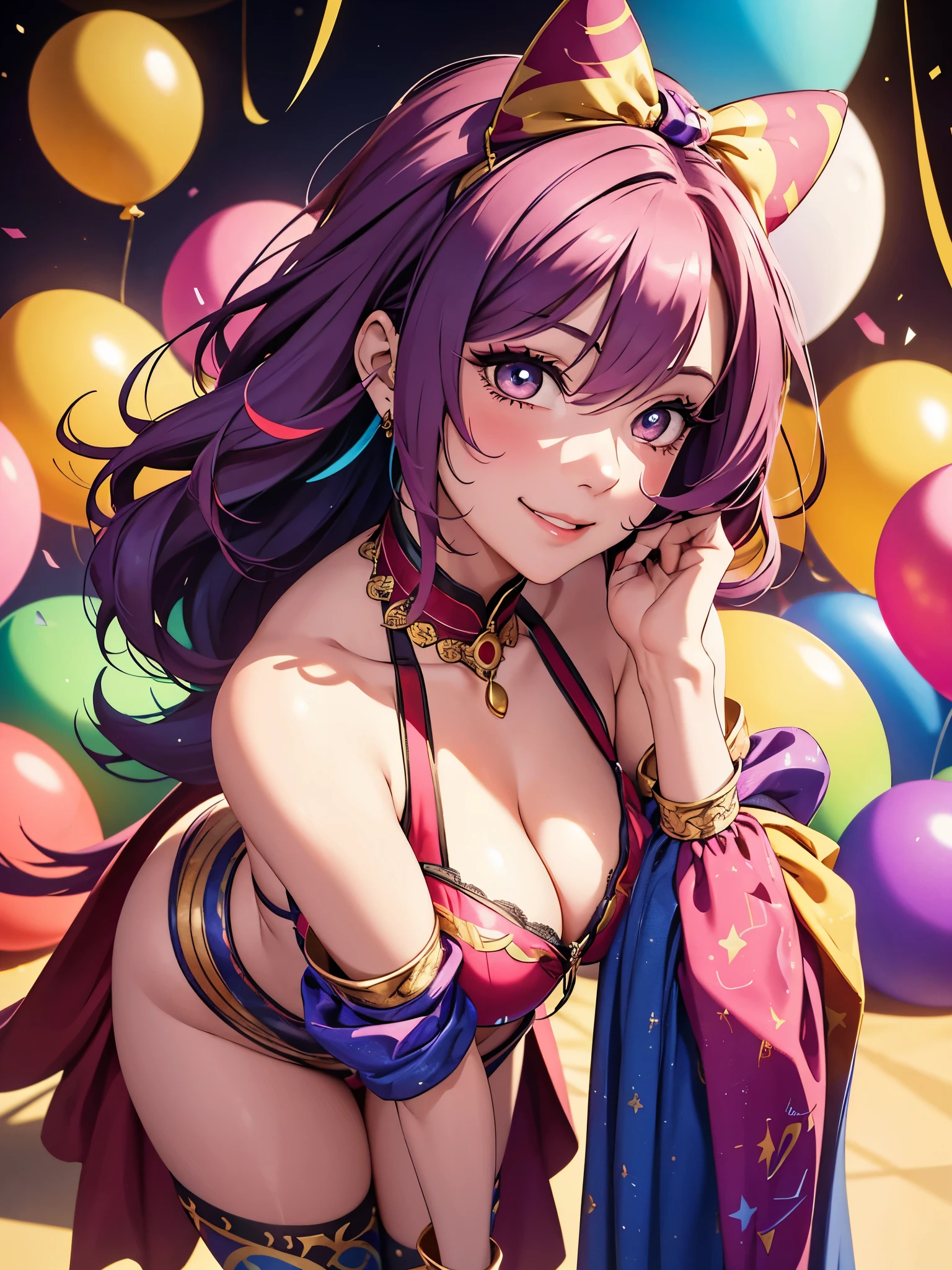 (best quality,4k,8k,highres,masterpiece:1.2),ultra-detailed,(realistic,photorealistic,photo-realistic:1.37),vivid colors,bokeh,studio lighting,sharp focus,physically-based rendering,professional,portraits,a 19 years old, girl in a circus/theater aesthetic, smiling, smug, cute face, innocent, detailed eyes and face, exited eyes, eye contact with viewer, beautiful detailed lips,long eyelashes,perfect anatomy, perky breasts, colorful hair, wearing a colorful and extravagant jester costume , bending over, dynamic pose, against a vibrant and dynamic background composed of circus/theater elements such as colorful balloons,sparkling confetti and glowing stage lights,with a mischievous smile on her face and a confident and playful pose,creating a sense of joy,extravagance,and excitement. shot from above, side view