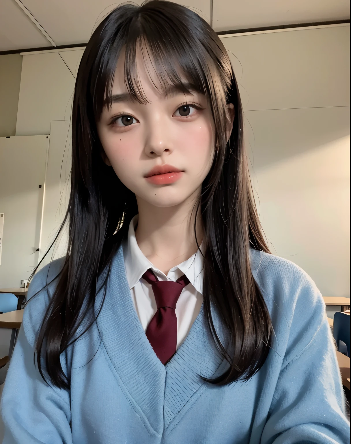 ((top-quality))、(​masterpiece:1.3)、Raw photography、8K、Top image quality、 Top resolution、Beautiful face in every detail、realisitic、Photorealsitic、Beautie、((Beautuful Women))、a small face、(Longhaire)、Straight hair、School uniform、High school girl uniform、(schools:1.3)、With bangs、‎Classroom、(28-year-old beauty)、Attractiveness of adult women