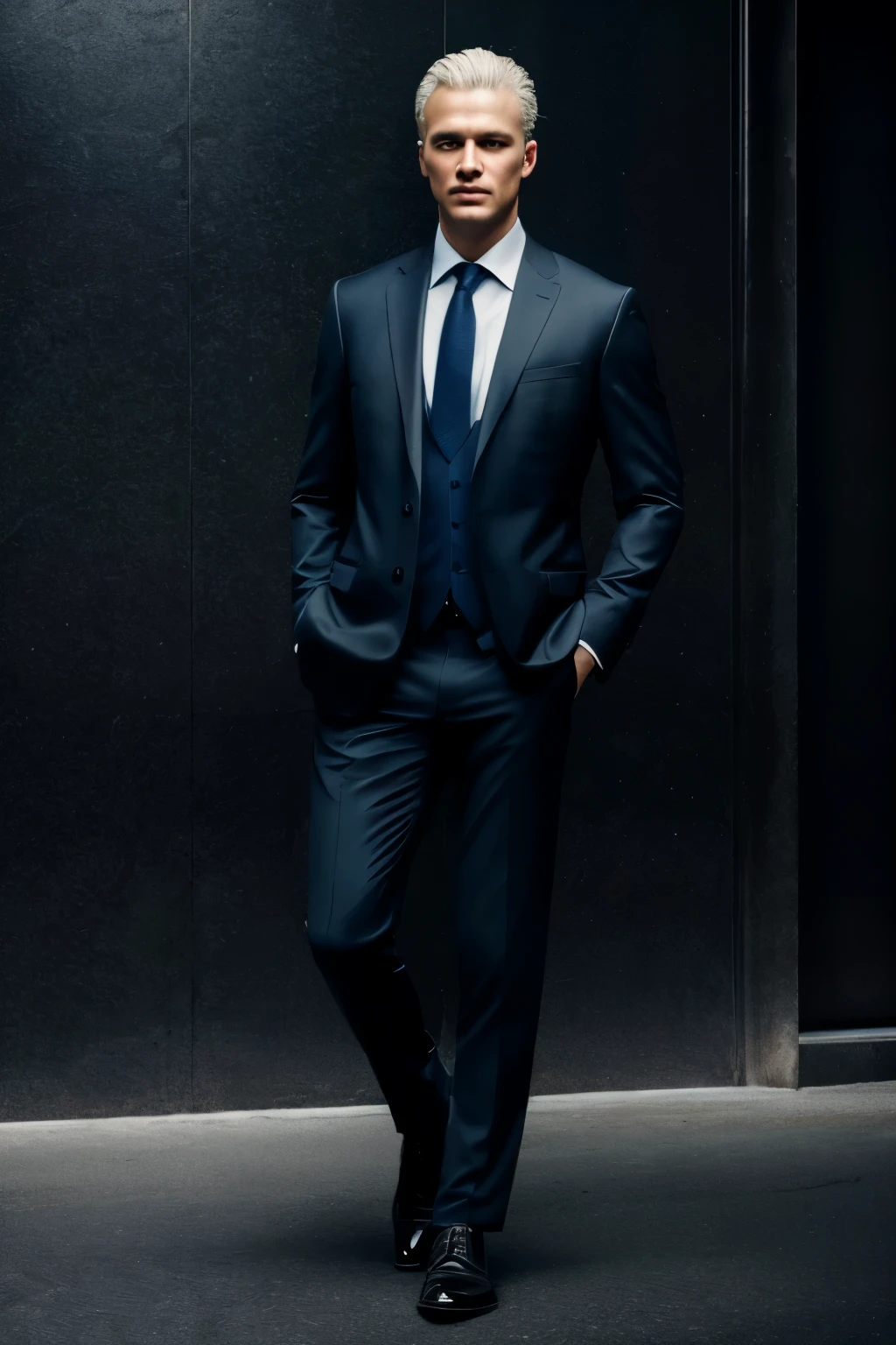 Best quality, masterpiece, ultra high res, (photorealistic:1.4), raw photo, 1man, detailed eyes and face, black suit, dynamic lighting, in the dark, deep shadow, low key,  full body, new york street, street photo