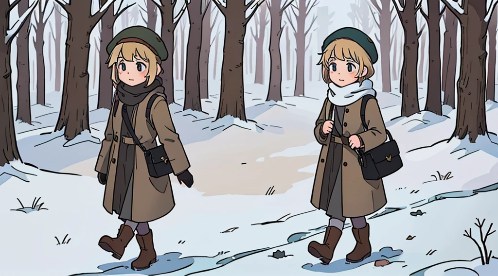 Young short finnish girl, short blonde hair, brown eyes, brown cross bag, long grey winter coat, long skirt, black winter boots, british beret hat, large winter forrest, snowing, walking in the woods alone