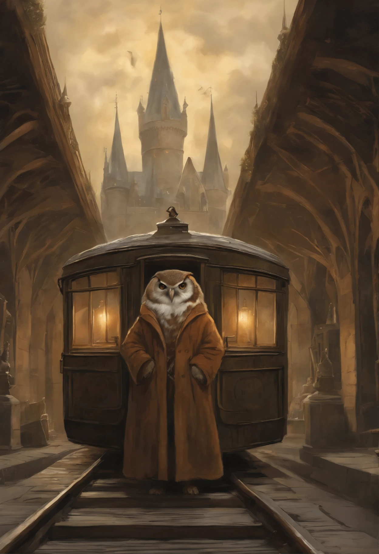 真实感, a painting, Fantastic tale, Christmas style, John Tolkien style, Small painting by Jean-Baptiste Monge, ,Anime style,Makoto Shinkai, Harry did his best to, so as not to panic. According to the big vocal clock, he had ten minutes left to do so, to take the train to Hogwarts, but he had no idea, how can he do this. He stood in the middle of the platform with a huge suitcase, which could hardly be lifted off the ground, with pockets, full of magic money, and with a cage, where the big owl sat ,New Year's decorations.((scary decoration))(((tmasterpiece))), ((The best quality at its best)), ((intricate detials)), ((hyper realisitc))(8K), Jean-Baptiste Monge, anthropomorphic --ar 2:3 --testp -optimistic; Straight hair, panorama,
