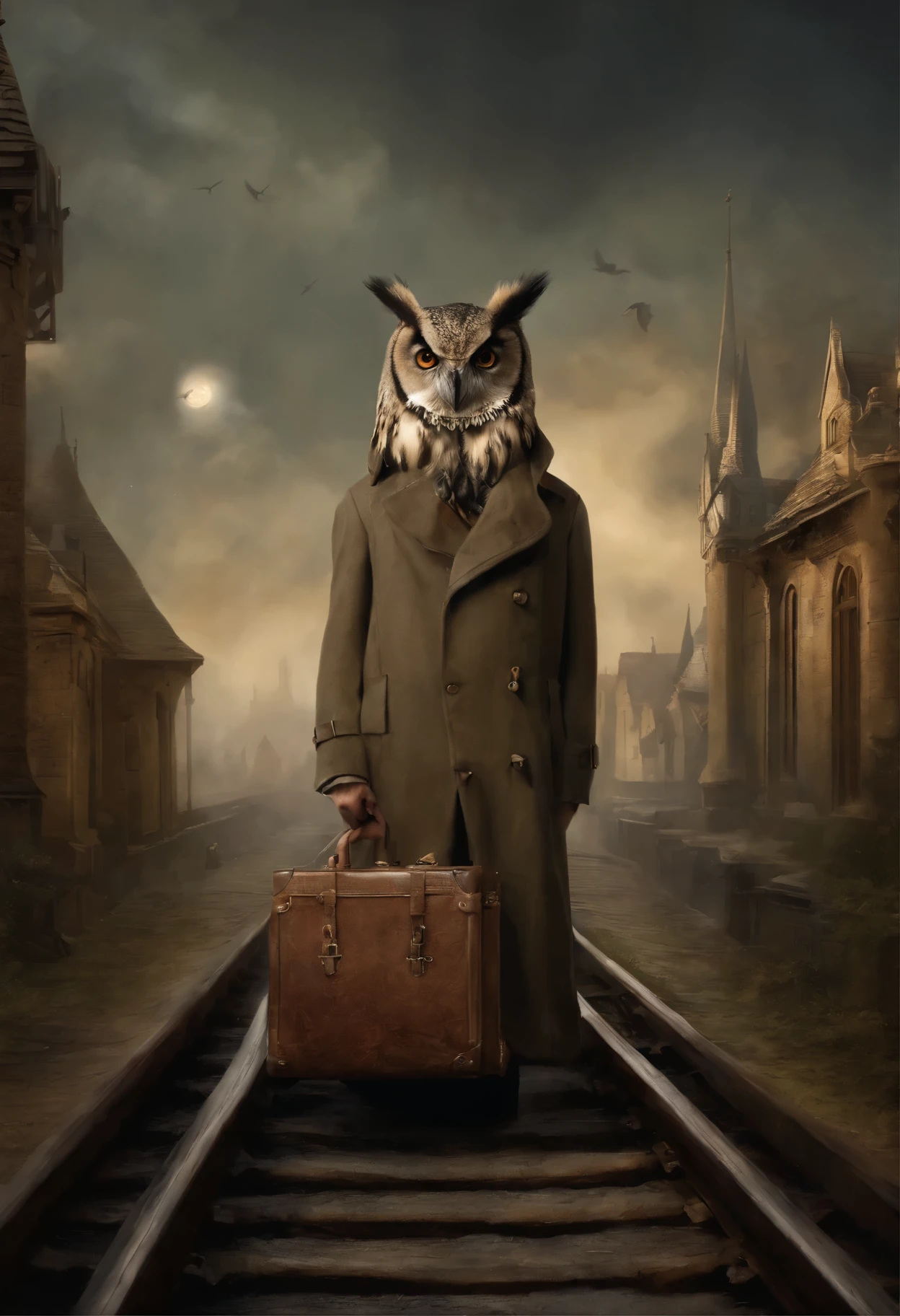 真实感, a painting, Fantastic tale, Christmas style, John Tolkien style, Small painting by Jean-Baptiste Monge, ,Anime style,Makoto Shinkai, Harry did his best to, so as not to panic. According to the big vocal clock, he had ten minutes left to do so, to take the train to Hogwarts, but he had no idea, how can he do this. He stood in the middle of the platform with a huge suitcase, which could hardly be lifted off the ground, with pockets, full of magic money, and with a cage, where the big owl sat ,New Year's decorations.((scary decoration))(((tmasterpiece))), ((The best quality at its best)), ((intricate detials)), ((hyper realisitc))(8K), Jean-Baptiste Monge, anthropomorphic --ar 2:3 --testp -optimistic; Straight hair, panorama,