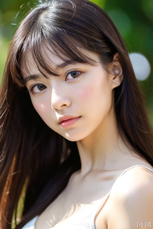 1girl in, very disheveled hair, |A dark-haired、Very beautiful long shiny hair、Very beautiful cute face、Lustrous and radiant beautiful skin、独奏、ultra-quality、Hard Focus、film grains、超A high resolution、​masterpiece、Lovely detailed clear brown eyes that shine　Asian Beauties