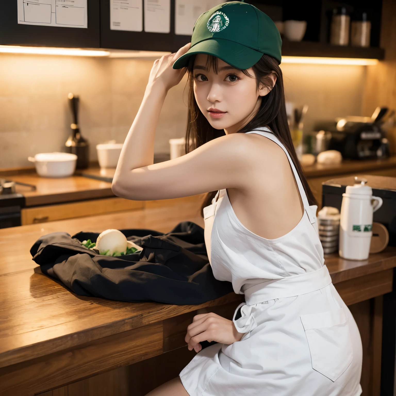 A girl works on a workbench at Starbucks,She wears a black Starbucks baseball cap on her head,She wore only a green Starbucks apron,high high quality、tmasterpiece、Hyper-Resolution、Cute girl face、kitchen yes、naked エプロン、Wear an apron、Full body lesbian、