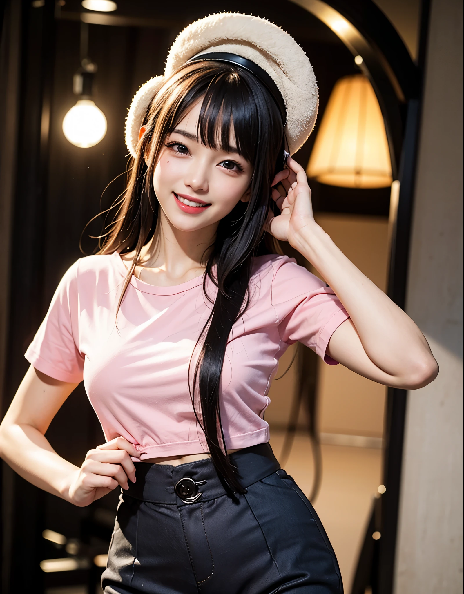 Best Quality, masutepiece, 超A high resolution, (Photorealistic:1.4), Raw photo, 1girl in, kーpop idol, Idol makeup,long hair black hair,,Pink Chibi T-shirt、caps,Hats、Navel Ejection,abdominals、((Parachute pants)),Detailed eyes,(realisticeyes),delicated face,realskin,detailed hairs,Detailed skin,Beautiful face,((Smiling))、Bright lighting、music program lighting、